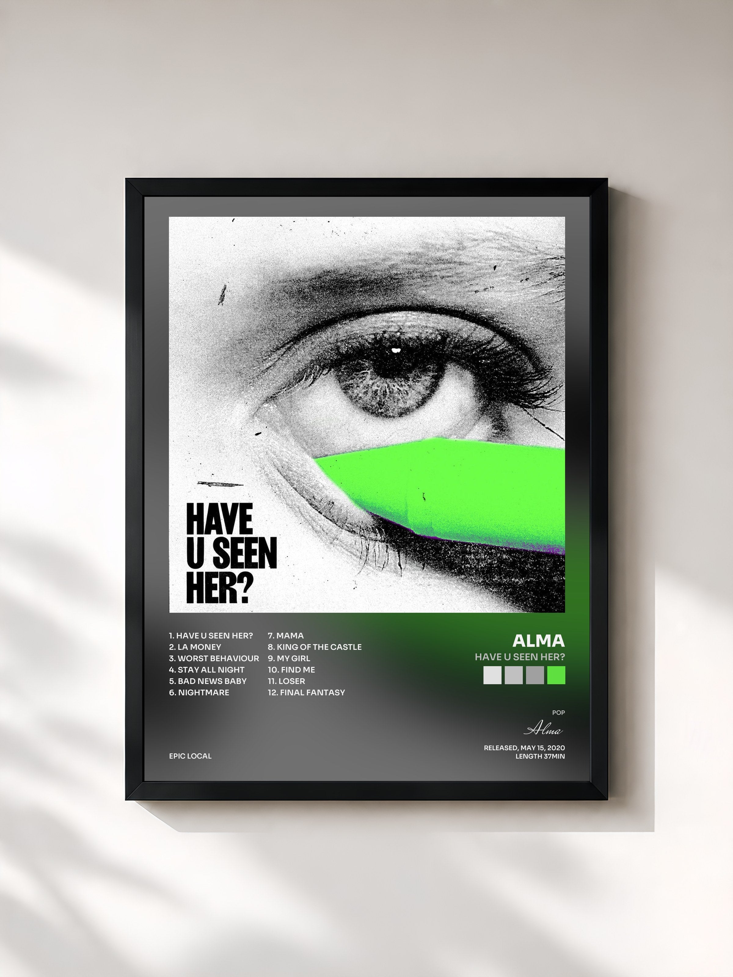 #noir Tableau de l'album Have U Seen Her? de Alma, cadre noir, imprimé et encadré en France