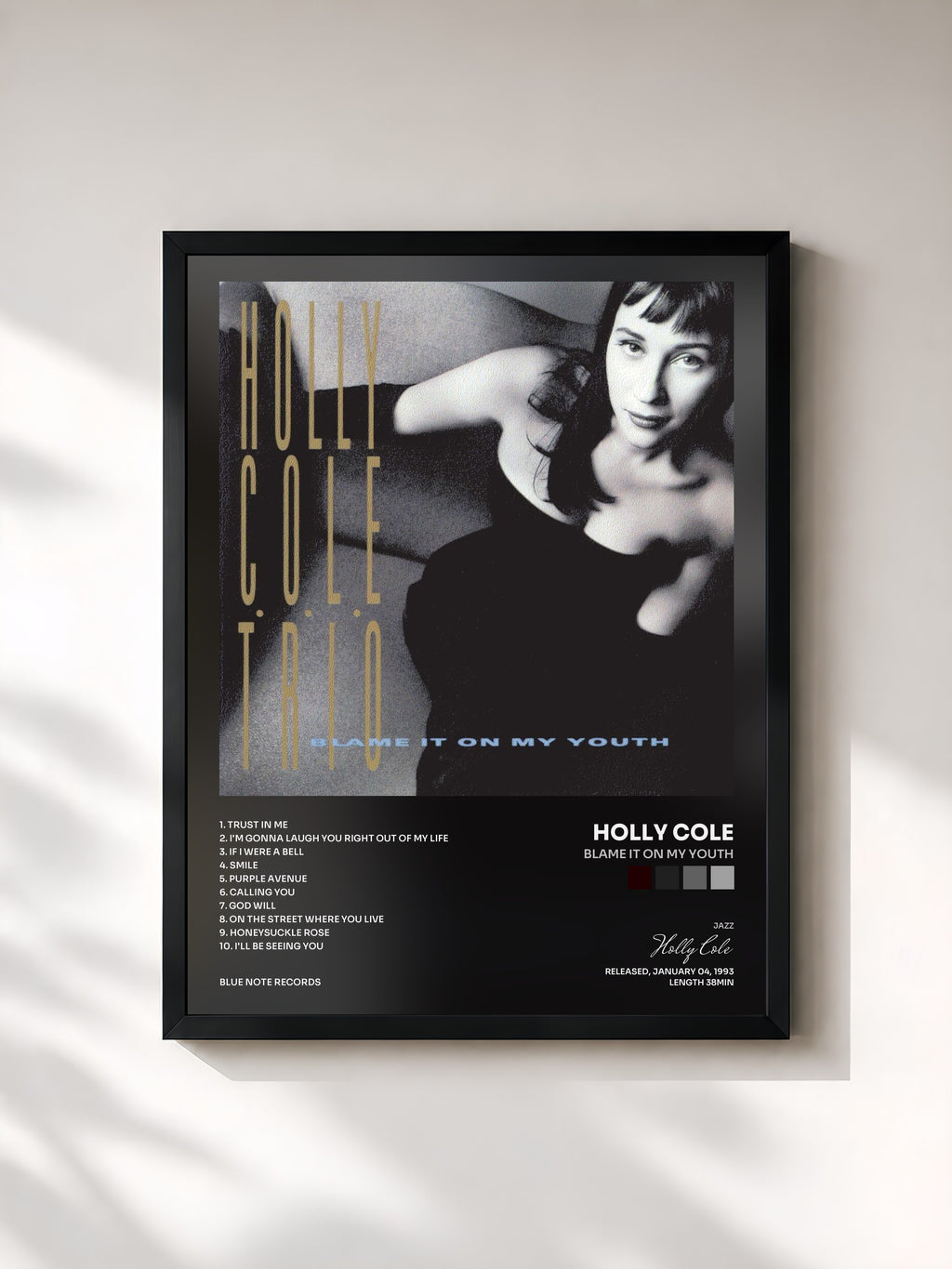 #noir Tableau de l'album Blame It On My Youth de Holly Cole, cadre noir, imprimé et encadré en France