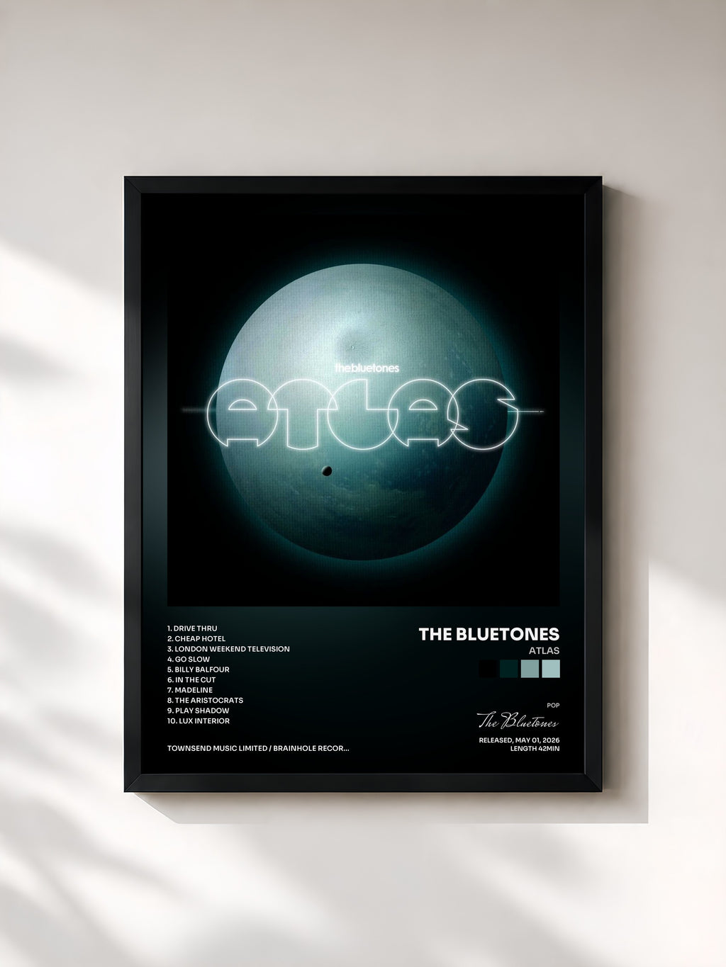 #noir Tableau de l'album Atlas de The Bluetones, cadre noir, imprimé et encadré en France
