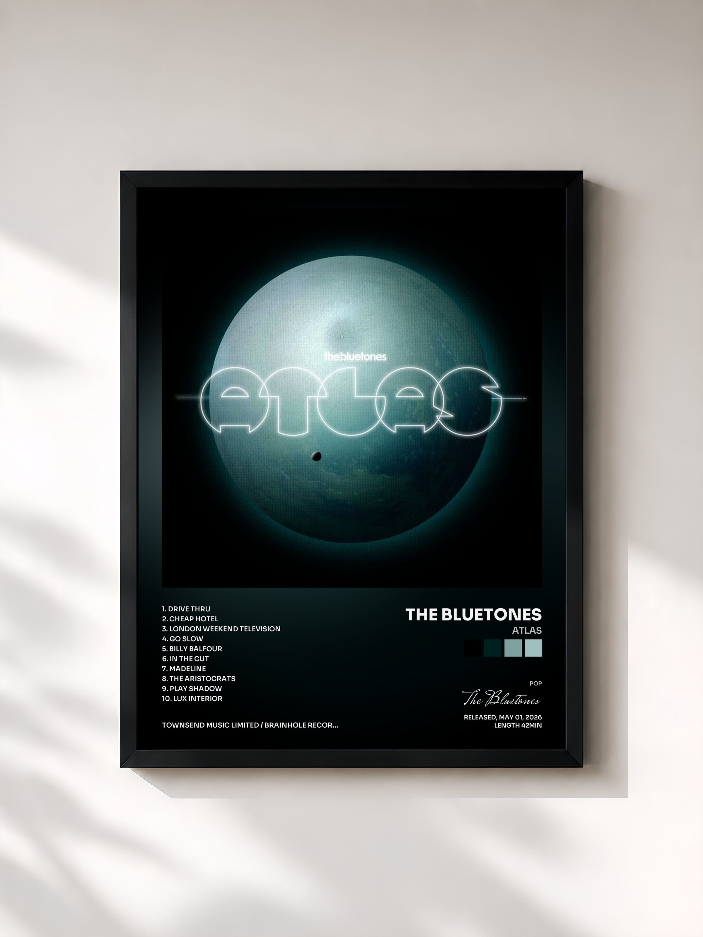 #noir Tableau de l'album Atlas de The Bluetones, cadre noir, imprimé et encadré en France