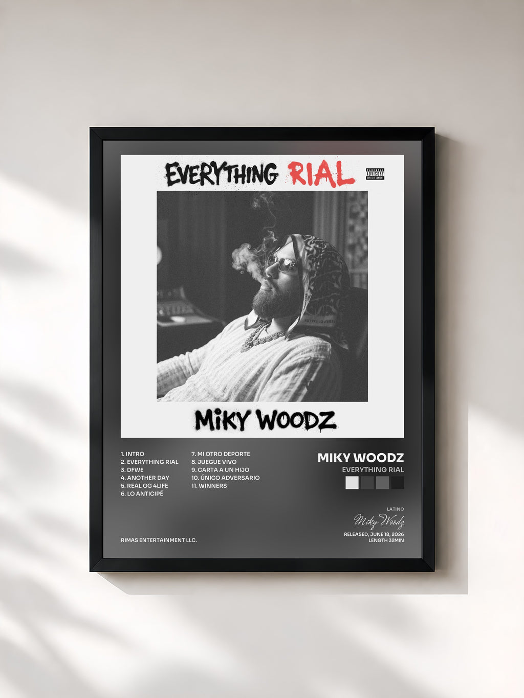 #noir Tableau de l'album Everything RiaL de Miky Woodz, cadre noir, imprimé et encadré en France