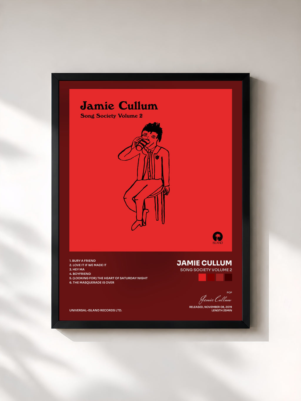 #noir Tableau de l'album Song Society Volume 2 de Jamie Cullum, cadre noir, imprimé et encadré en France