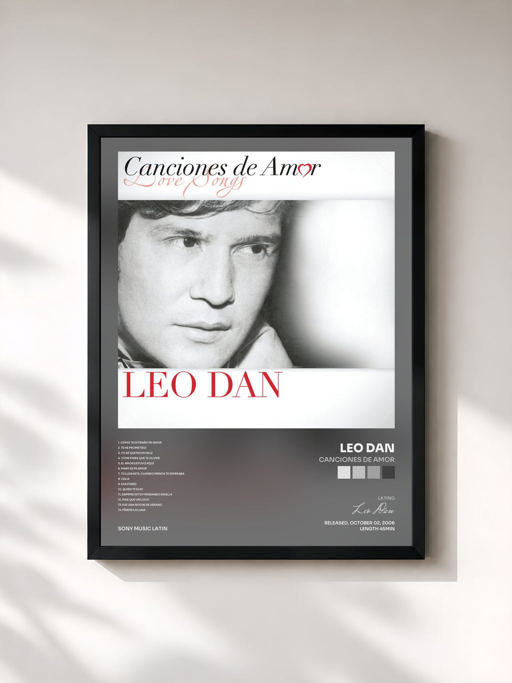 #noir Tableau de l'album Canciones De Amor de Leo Dan, cadre noir, imprimé et encadré en France