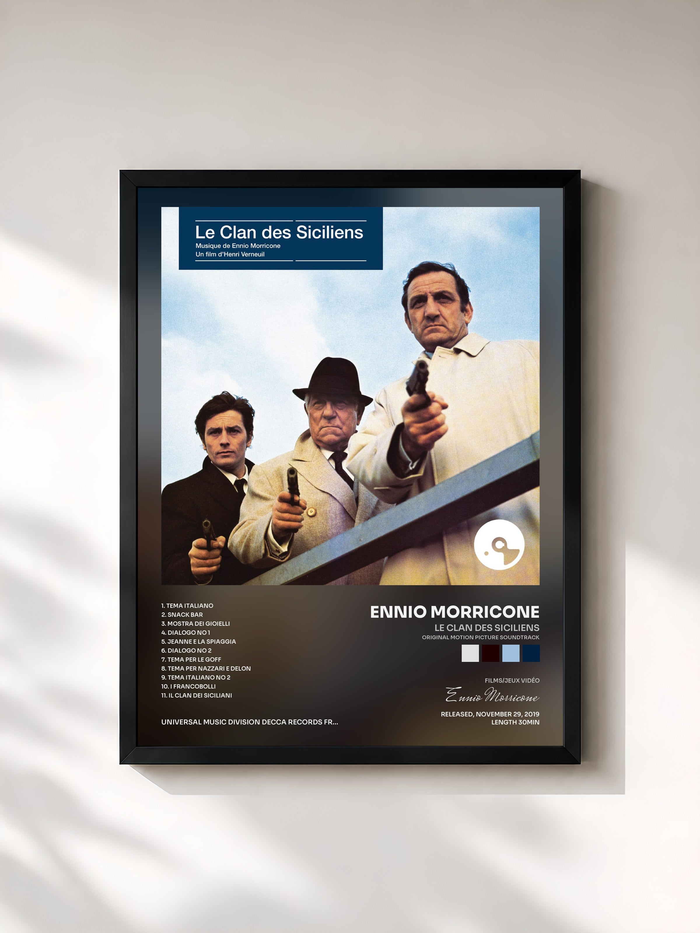 #noir Tableau de l'album Le clan des Siciliens (Original Motion Picture Soundtrack) de Ennio Morricone, cadre noir, imprimé et encadré en France