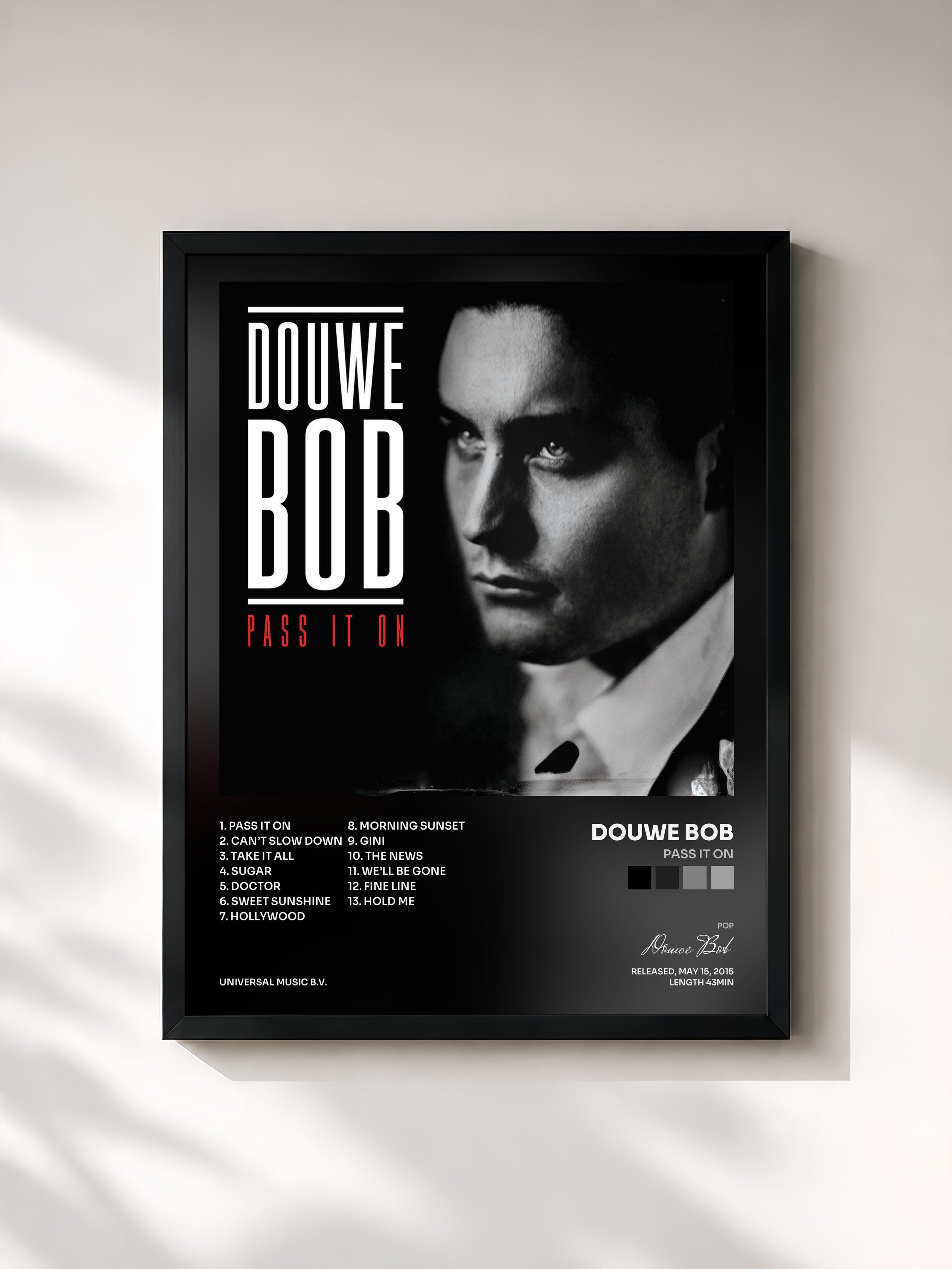#noir Tableau de l'album Pass It On de Douwe Bob, cadre noir, imprimé et encadré en France