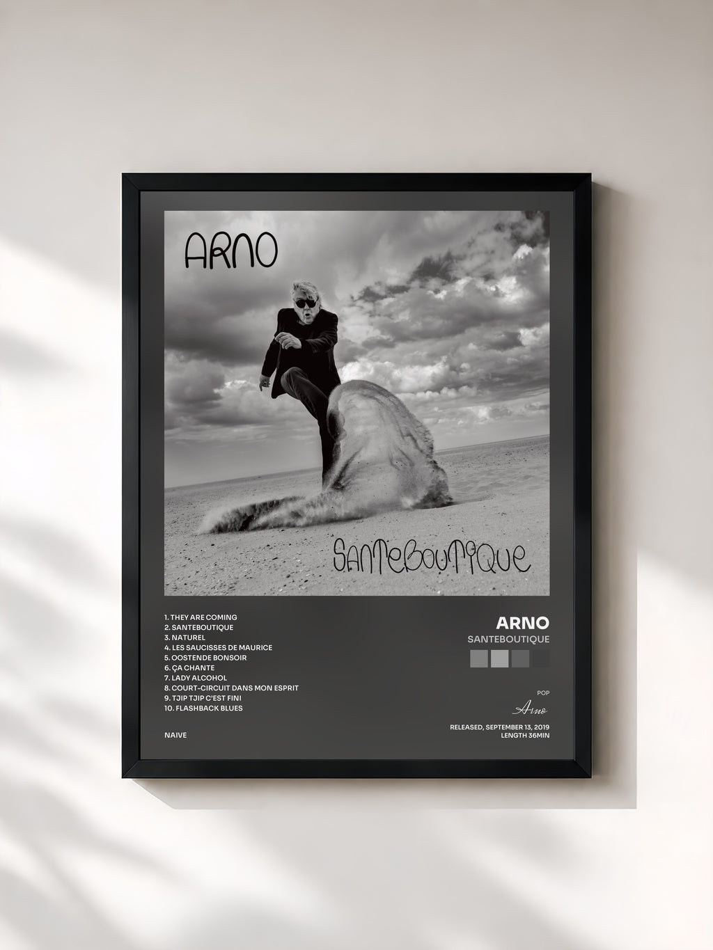 #noir Tableau de l'album Santeboutique de Arno, cadre noir, imprimé et encadré en France