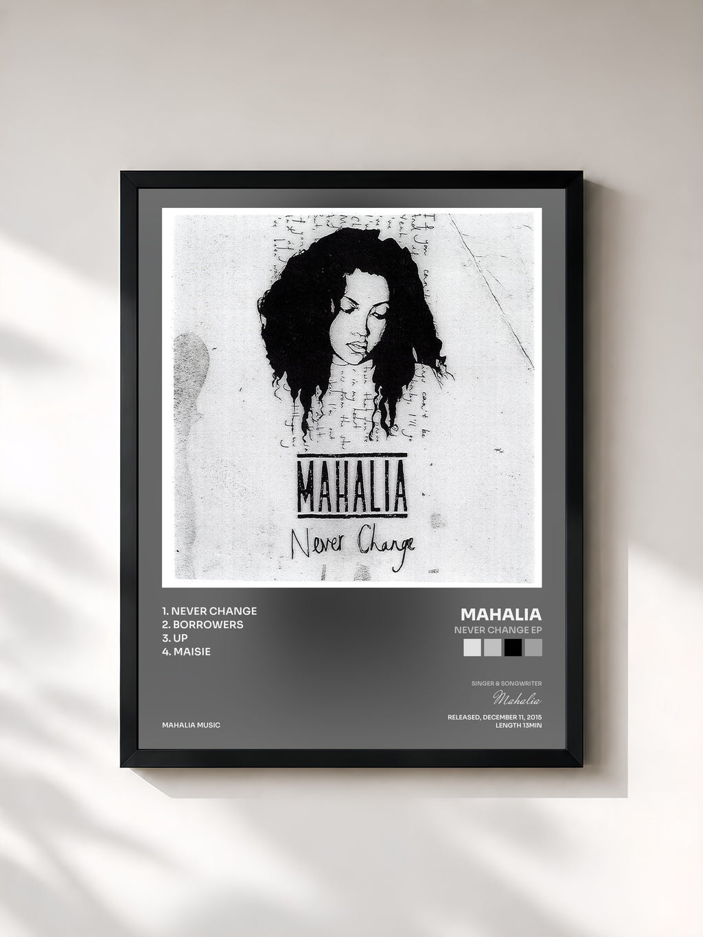 #noir Tableau de l'album Never Change EP de Mahalia, cadre noir, imprimé et encadré en France