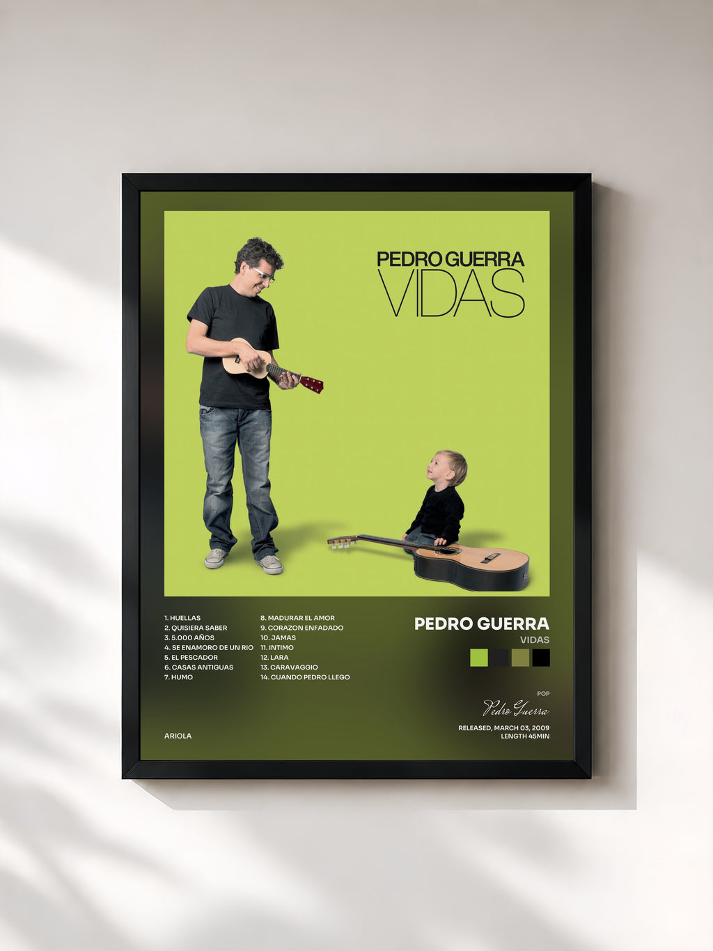 #noir Tableau de l'album Vidas de Pedro Guerra, cadre noir, imprimé et encadré en France