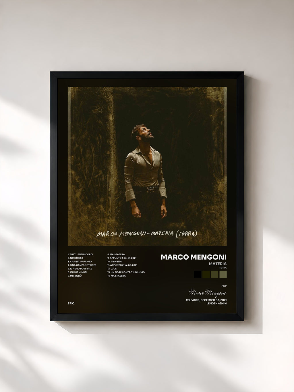 #noir Tableau de l'album MATERIA (TERRA) de Marco Mengoni, cadre noir, imprimé et encadré en France