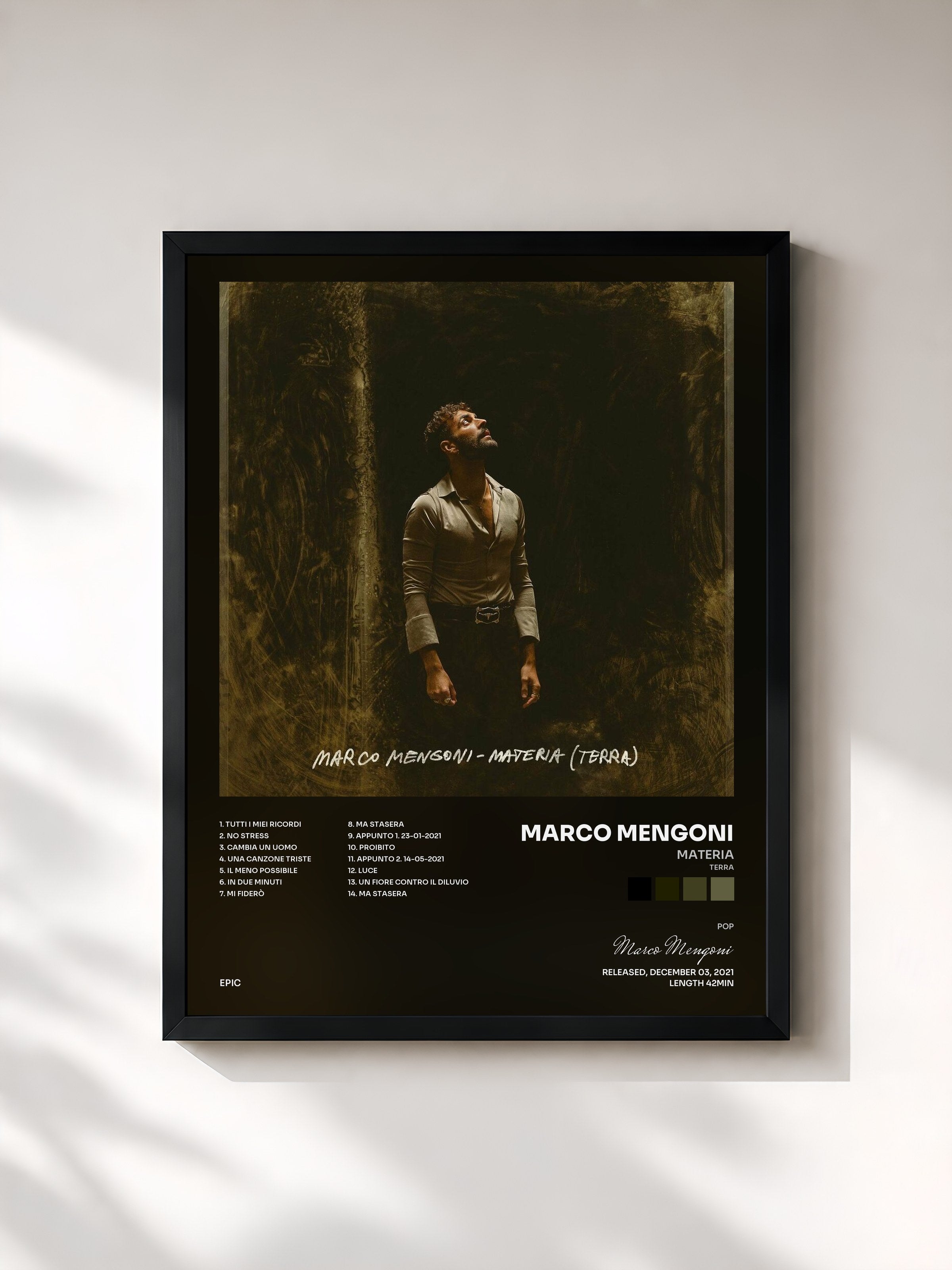 #noir Tableau de l'album MATERIA (TERRA) de Marco Mengoni, cadre noir, imprimé et encadré en France