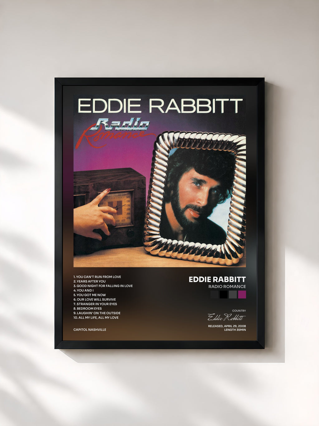 #noir Tableau de l'album Radio Romance de Eddie Rabbitt, cadre noir, imprimé et encadré en France