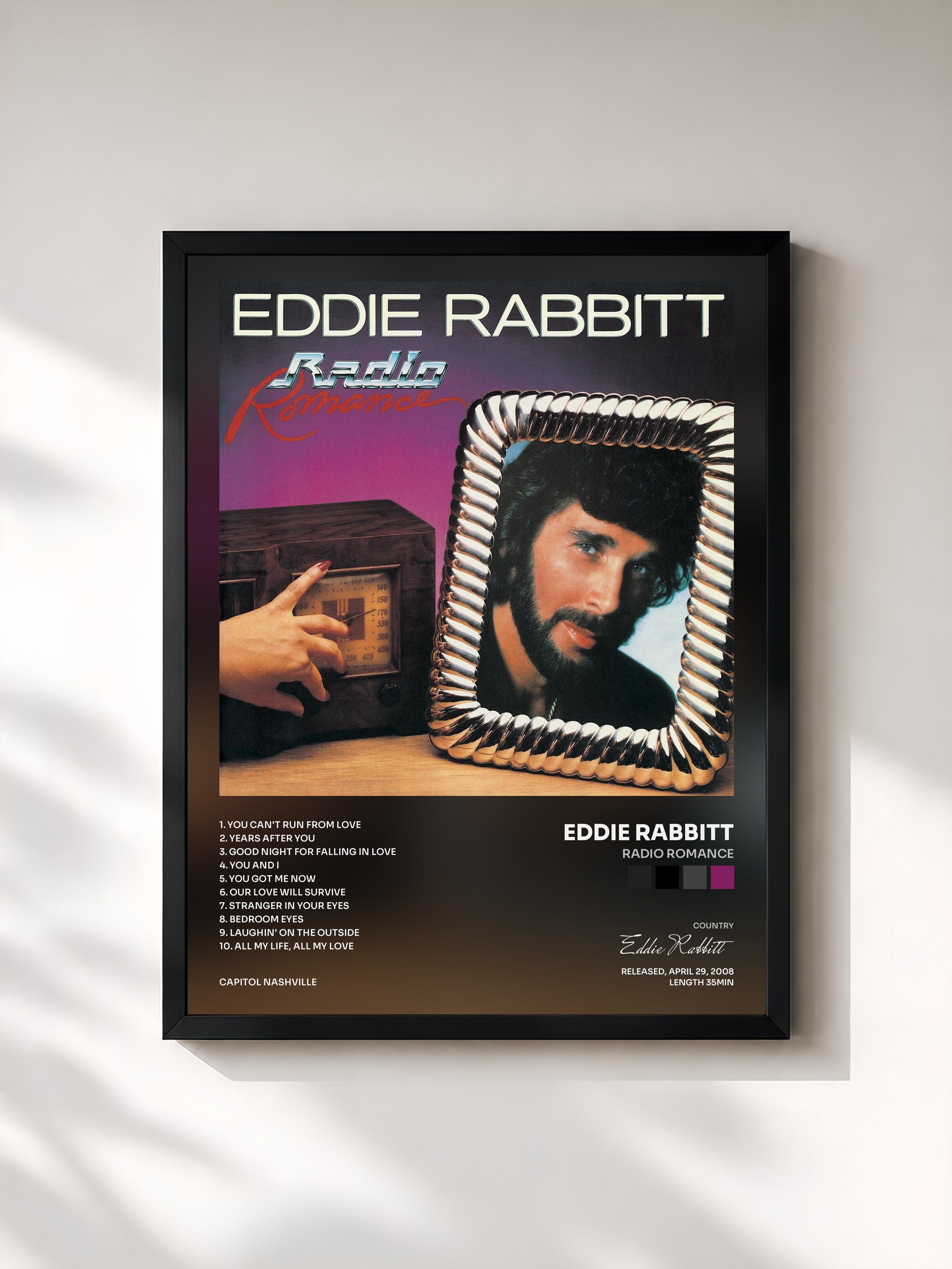 #noir Tableau de l'album Radio Romance de Eddie Rabbitt, cadre noir, imprimé et encadré en France
