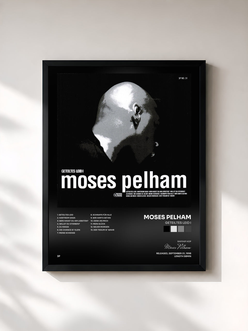 #noir Tableau de l'album Geteiltes Leid I de Moses Pelham, cadre noir, imprimé et encadré en France