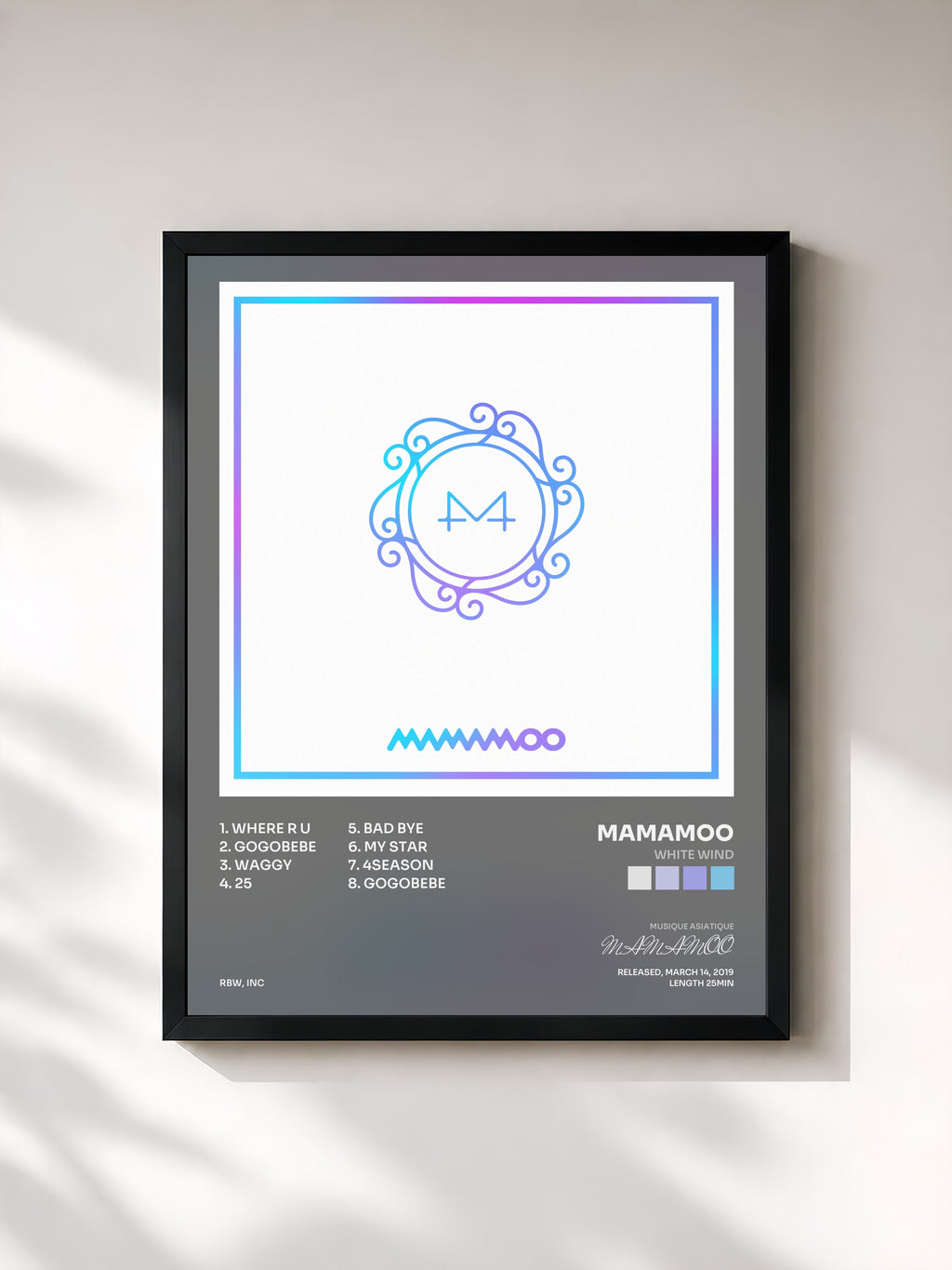 #noir Tableau de l'album White Wind de MAMAMOO, cadre noir, imprimé et encadré en France