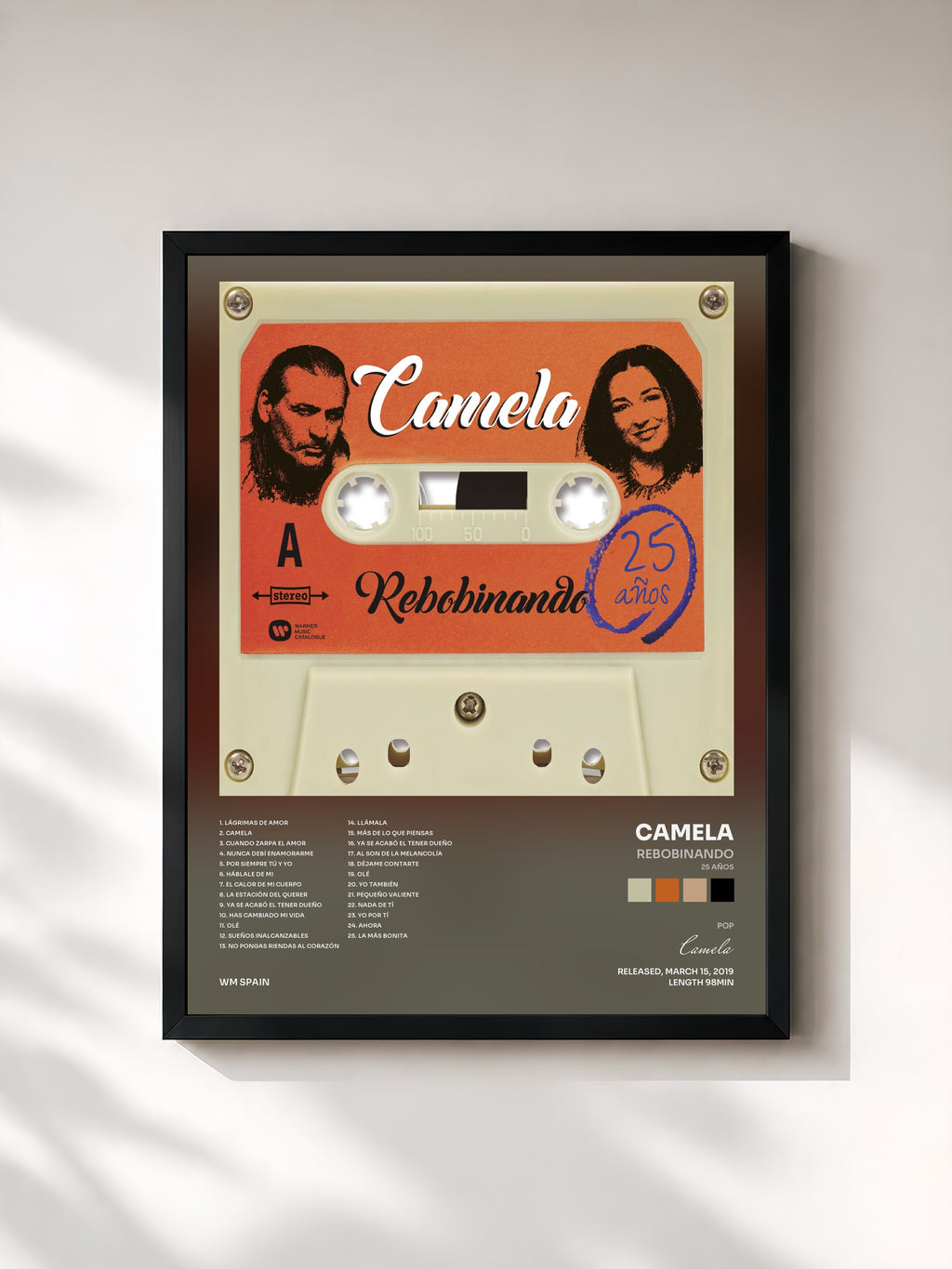 #noir Tableau de l'album Rebobinando (25 Años) de Camela, cadre noir, imprimé et encadré en France
