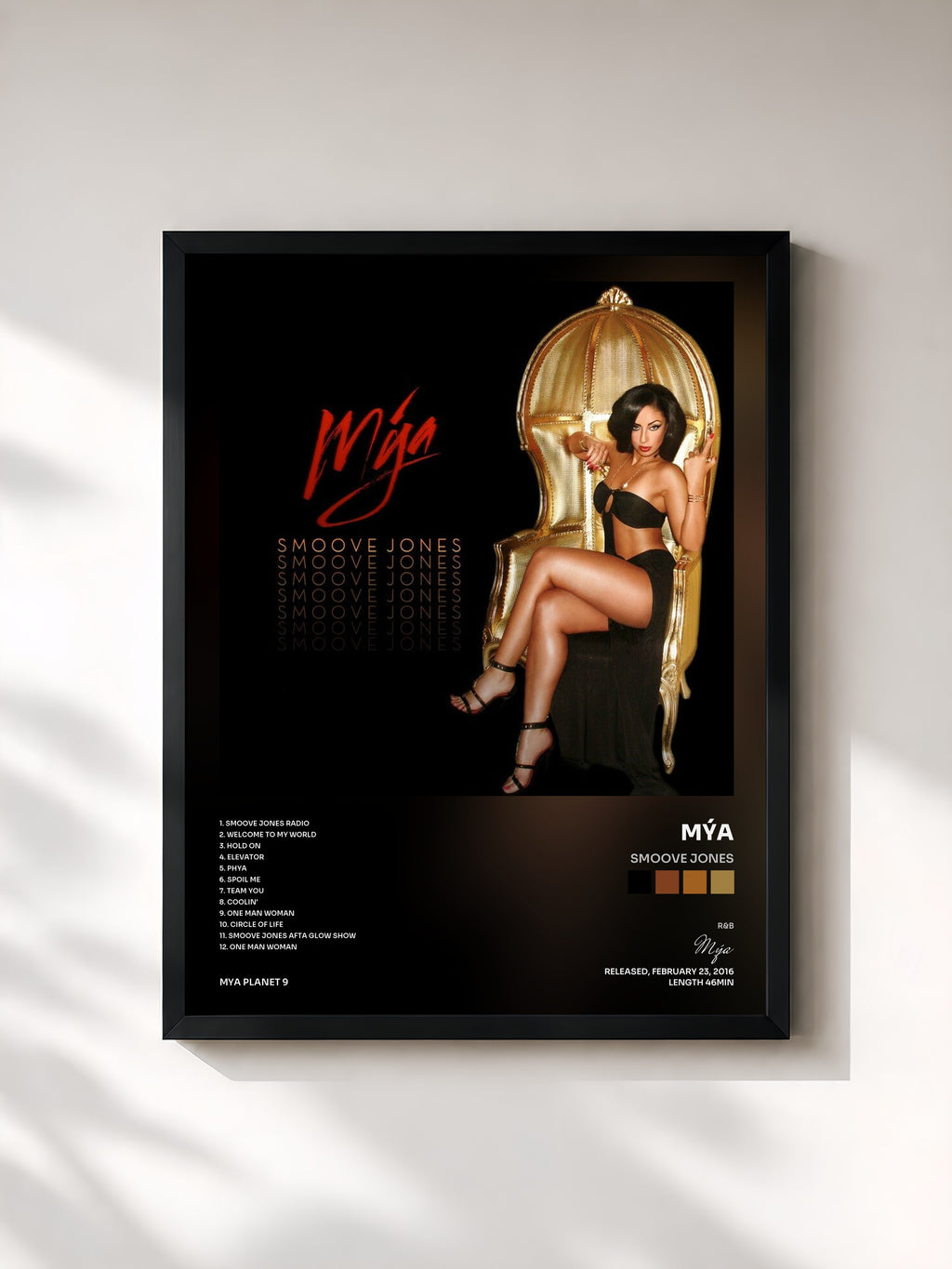 #noir Tableau de l'album Smoove Jones de Mýa, cadre noir, imprimé et encadré en France