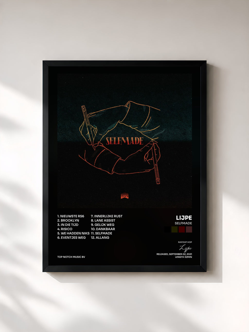 #noir Tableau de l'album Selfmade de Lijpe, cadre noir, imprimé et encadré en France