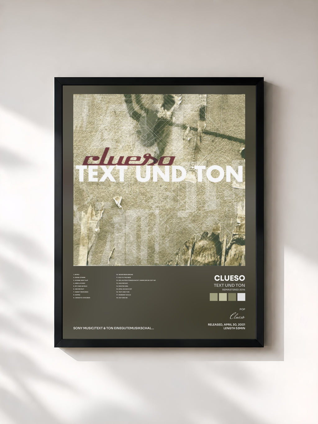 #noir Tableau de l'album Text und Ton (Remastered 2014) de Clueso, cadre noir, imprimé et encadré en France