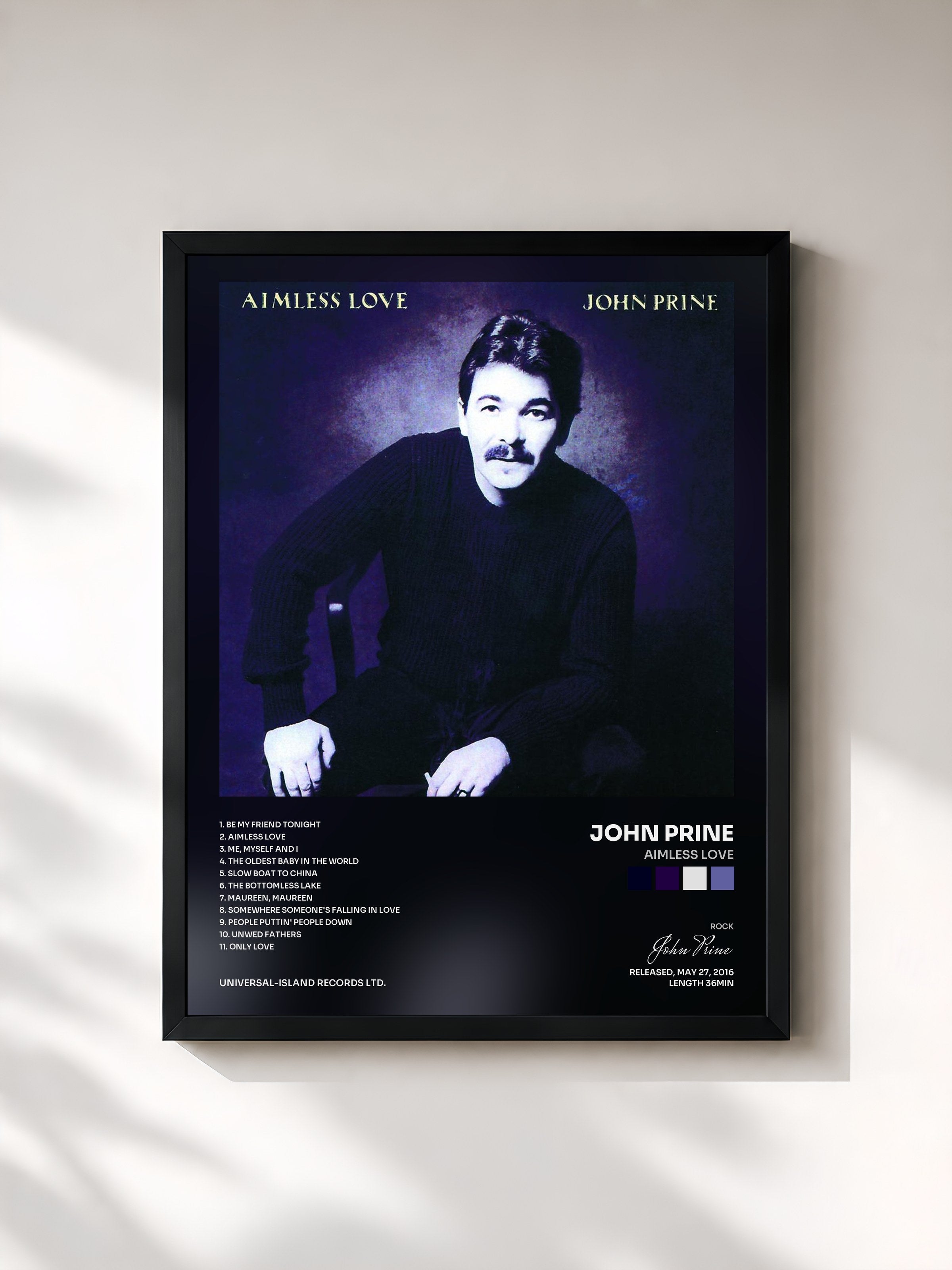 #noir Tableau de l'album Aimless Love de John Prine, cadre noir, imprimé et encadré en France