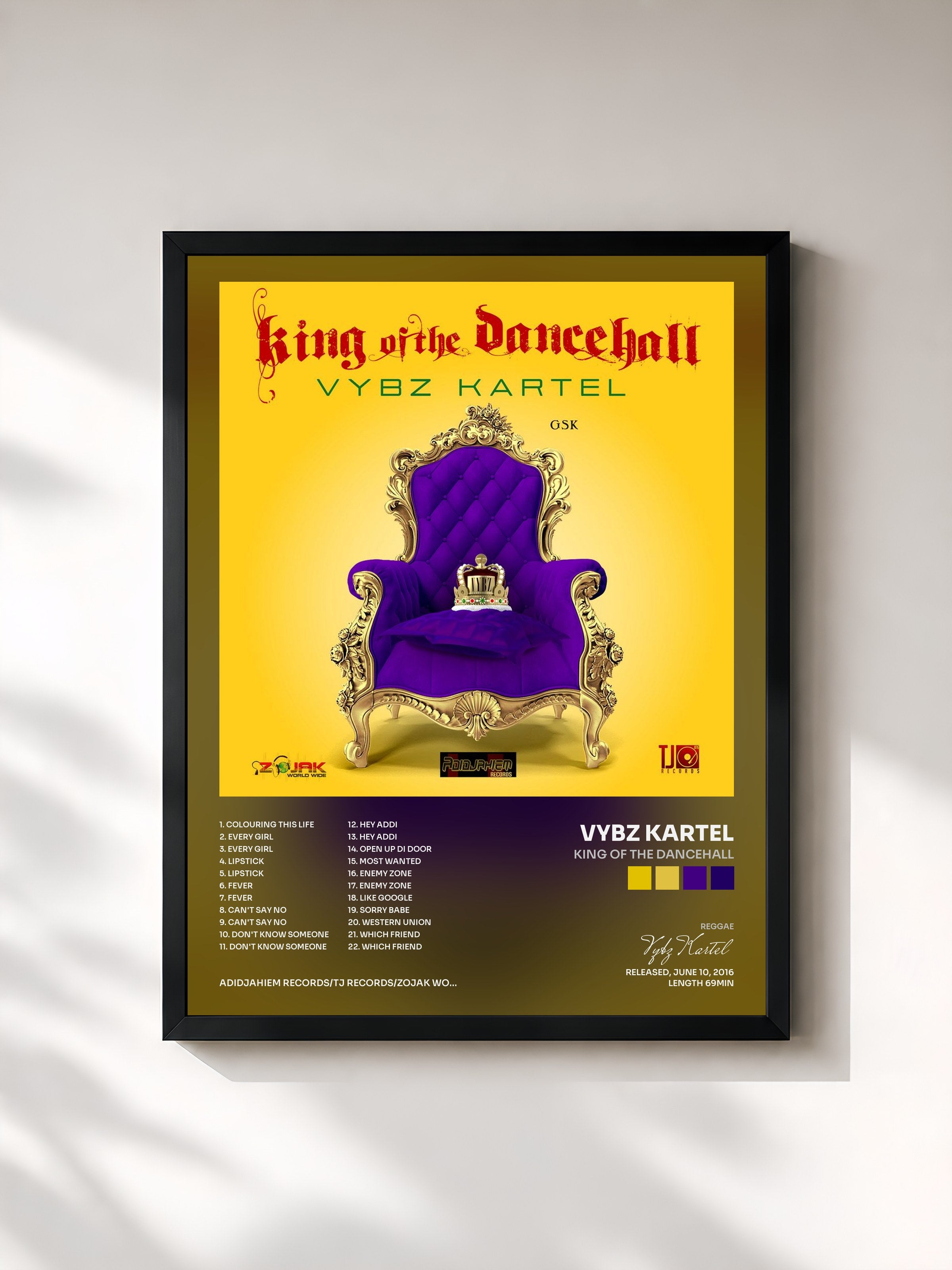#noir Tableau de l'album King Of The Dancehall de Vybz Kartel, cadre noir, imprimé et encadré en France