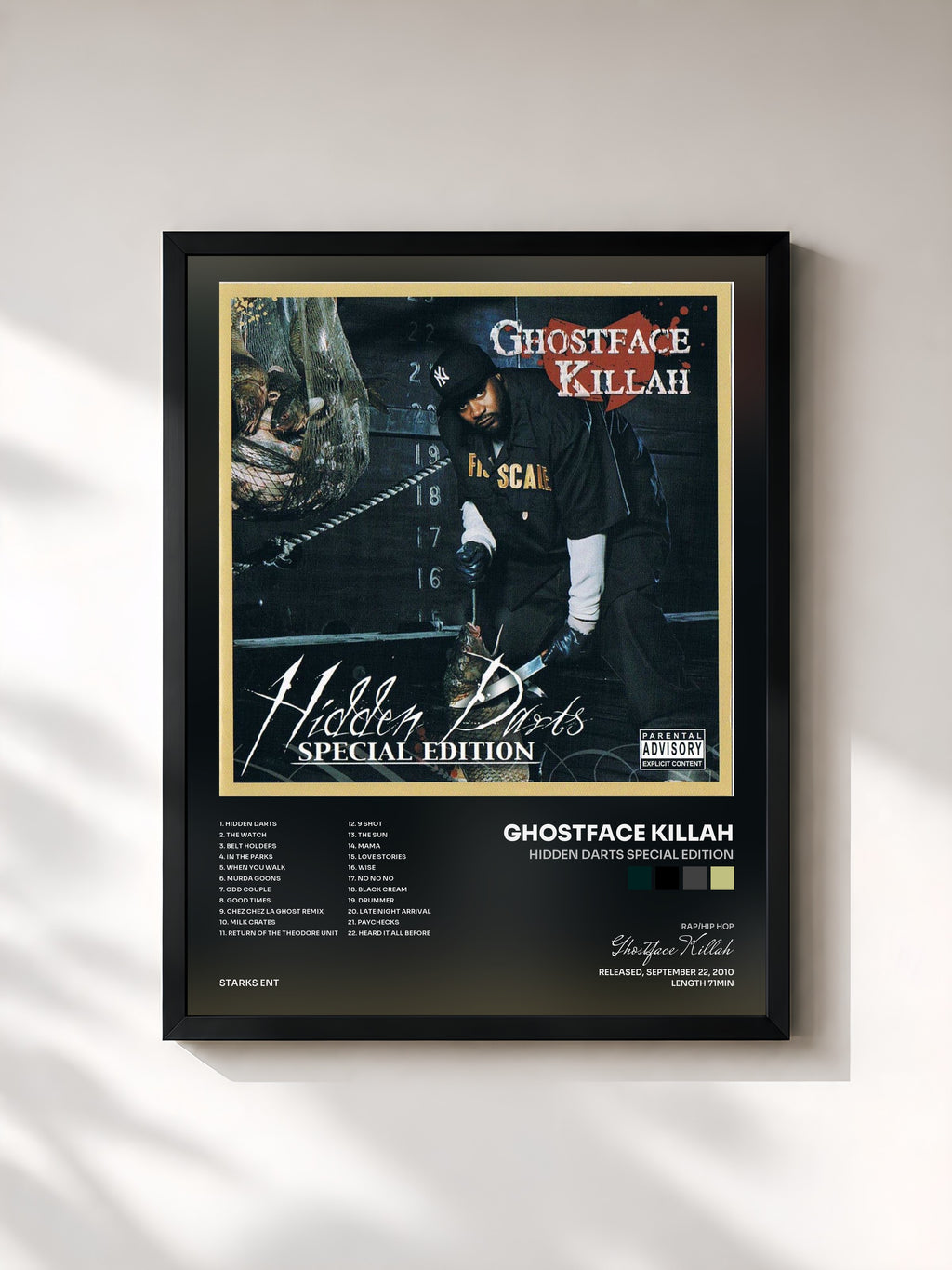 #noir Tableau de l'album Hidden Darts Special Edition de Ghostface Killah, cadre noir, imprimé et encadré en France