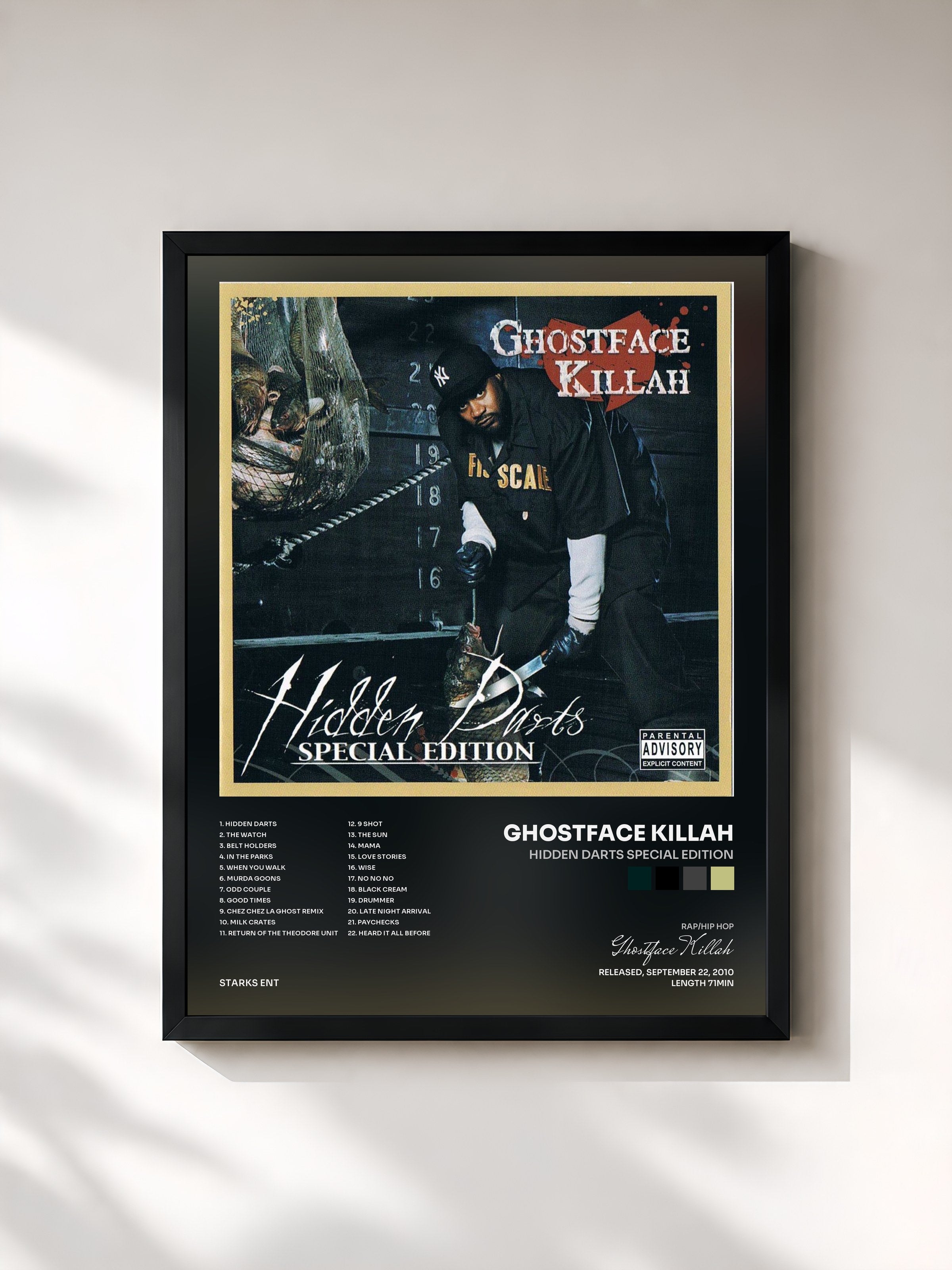 #noir Tableau de l'album Hidden Darts Special Edition de Ghostface Killah, cadre noir, imprimé et encadré en France