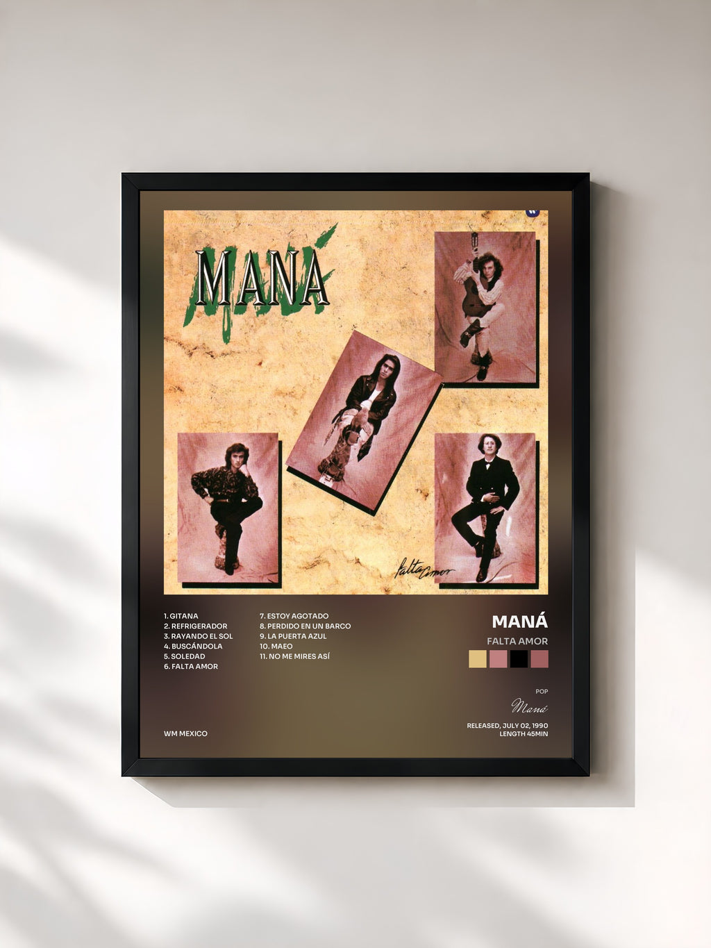 #noir Tableau de l'album Falta Amor de Maná, cadre noir, imprimé et encadré en France