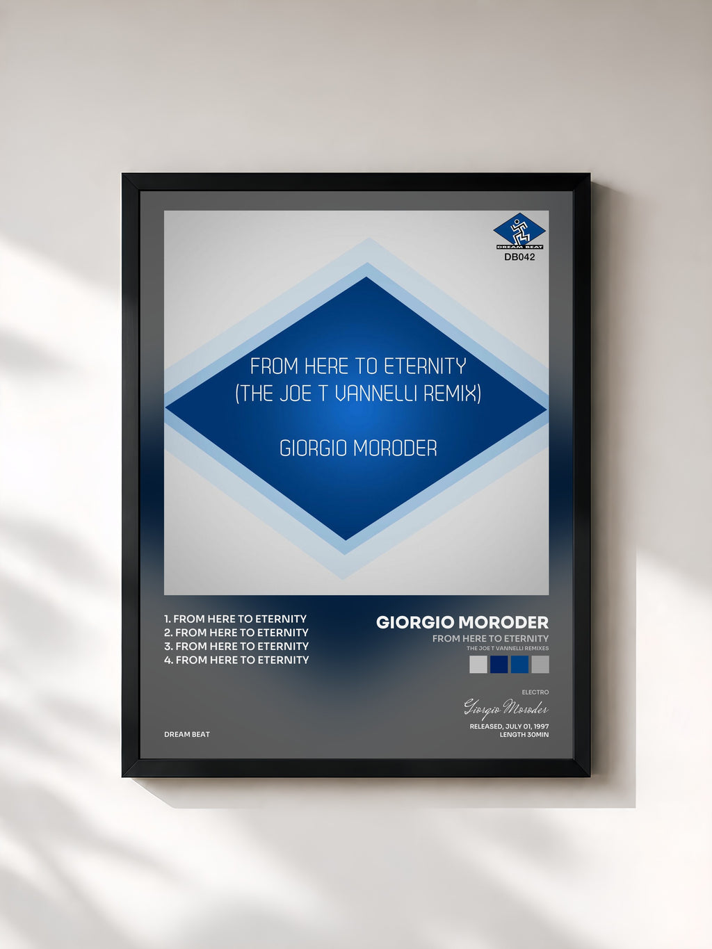 #noir Tableau de l'album From Here to Eternity (The Joe T Vannelli Remixes) de Giorgio Moroder, cadre noir, imprimé et encadré en France