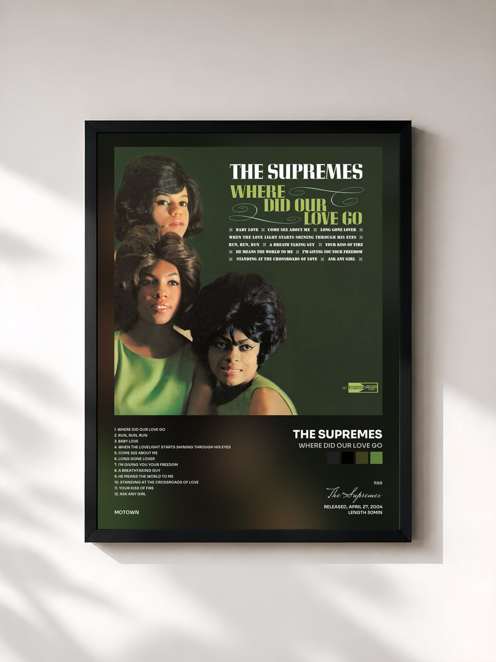 #noir Tableau de l'album Where Did Our Love Go de The Supremes, cadre noir, imprimé et encadré en France