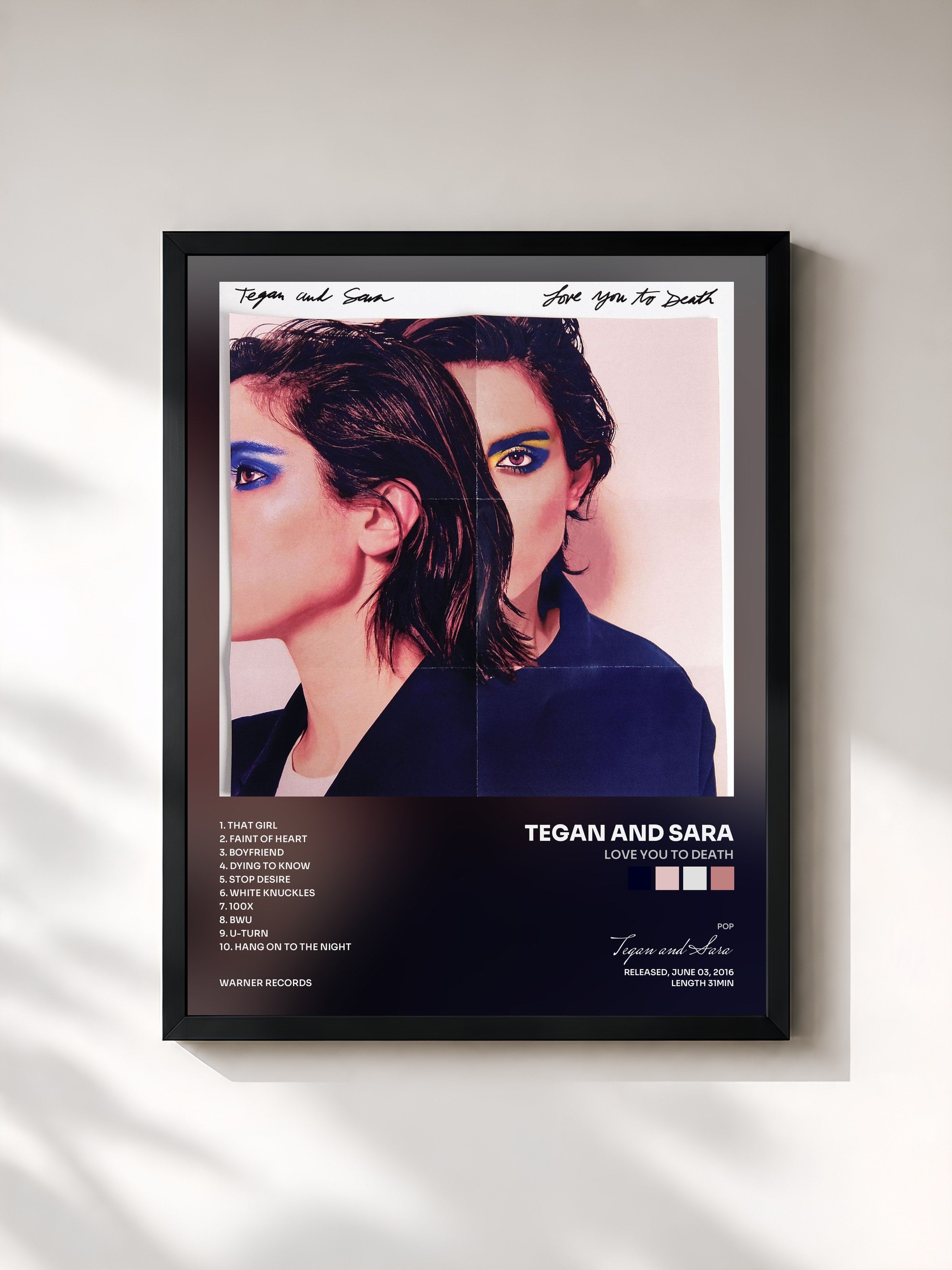 #noir Tableau de l'album Love You to Death de Tegan and Sara, cadre noir, imprimé et encadré en France