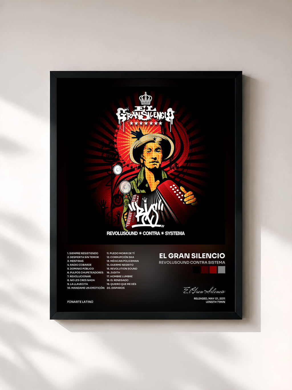 #noir Tableau de l'album Revolusound Contra Sistema de El Gran Silencio, cadre noir, imprimé et encadré en France