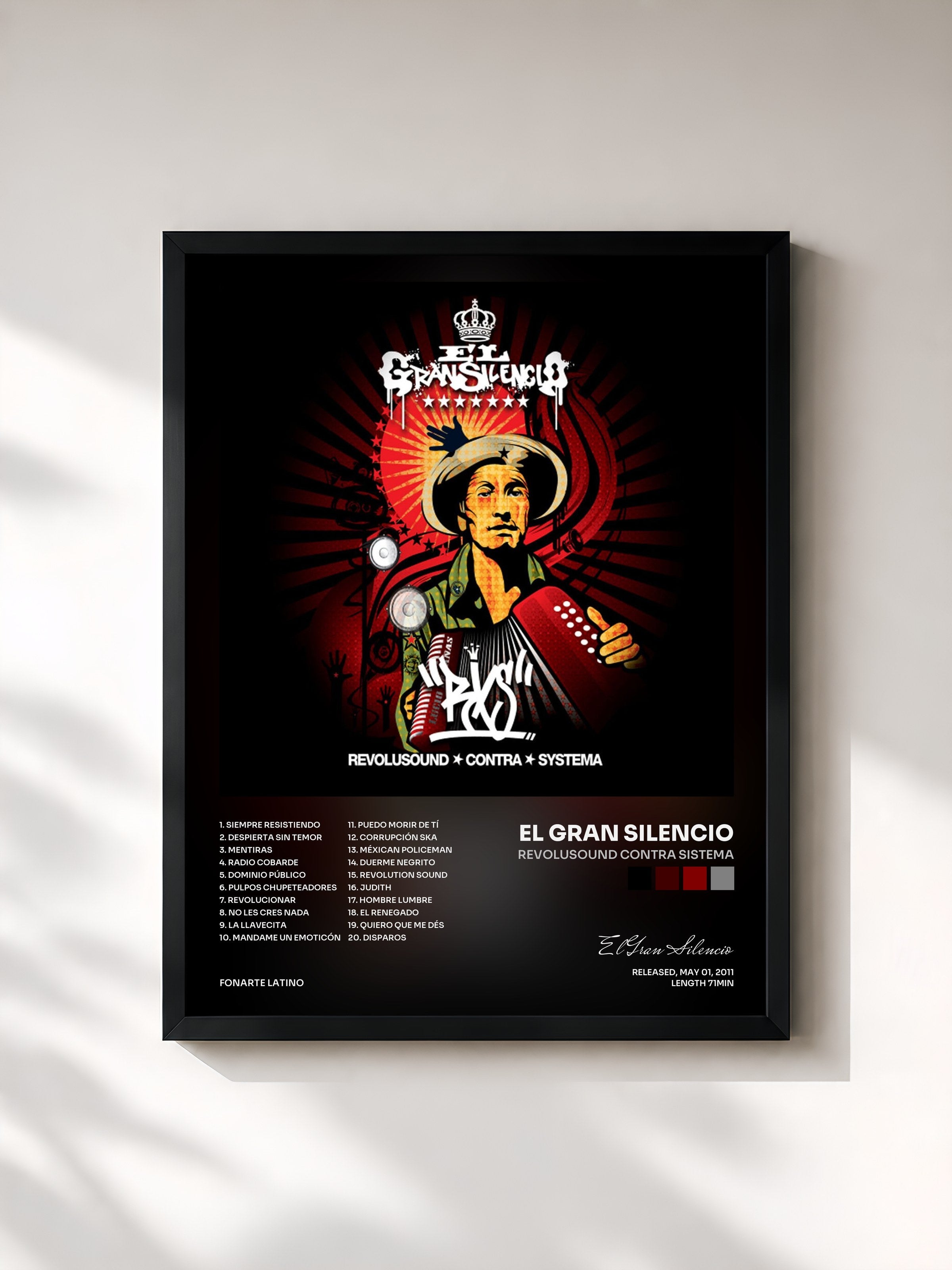 #noir Tableau de l'album Revolusound Contra Sistema de El Gran Silencio, cadre noir, imprimé et encadré en France