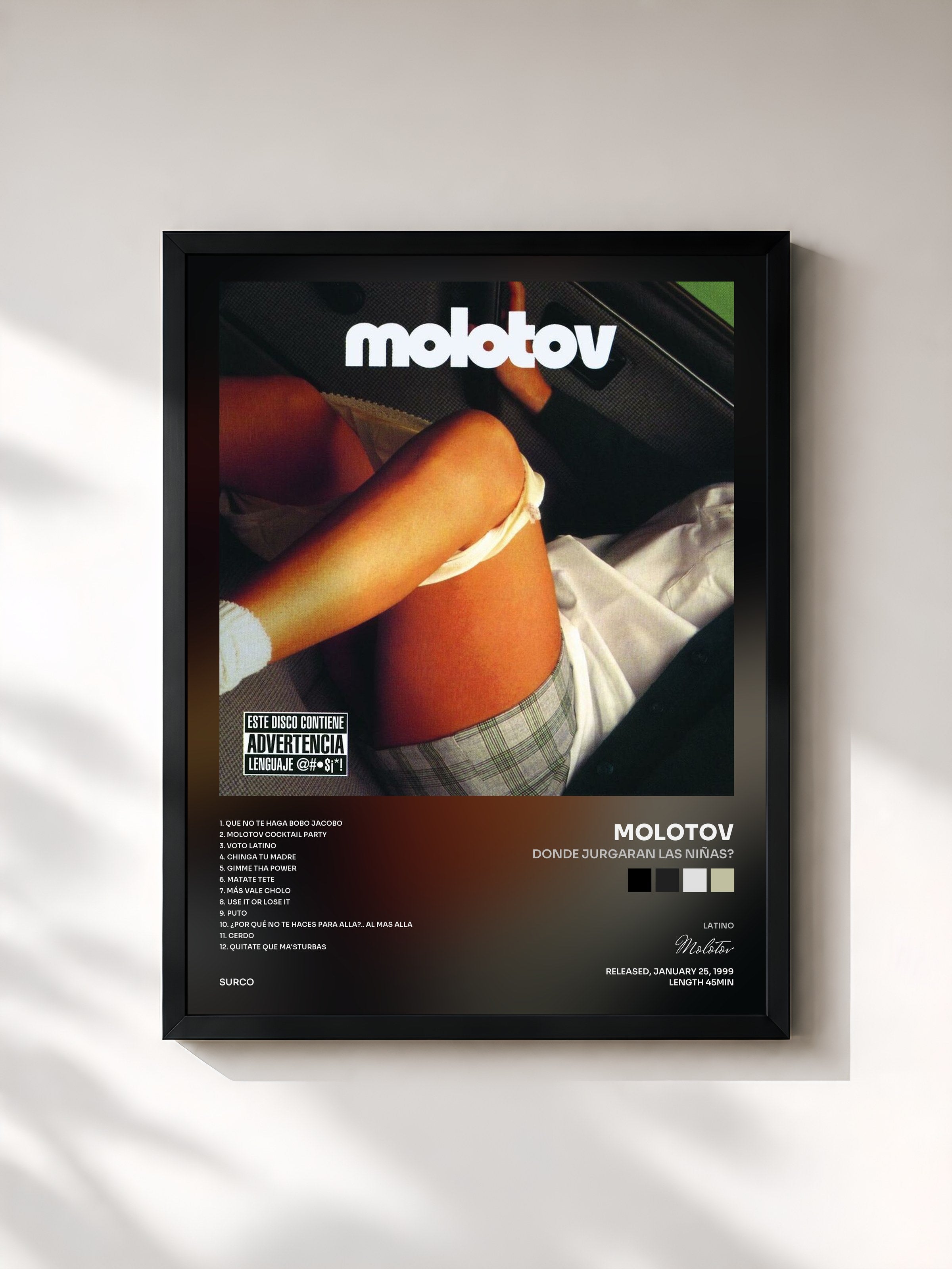 #noir Tableau de l'album Donde Jurgaran Las Niñas? de Molotov, cadre noir, imprimé et encadré en France