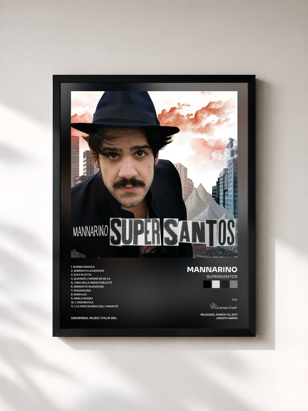 #noir Tableau de l'album Supersantos de Mannarino, cadre noir, imprimé et encadré en France