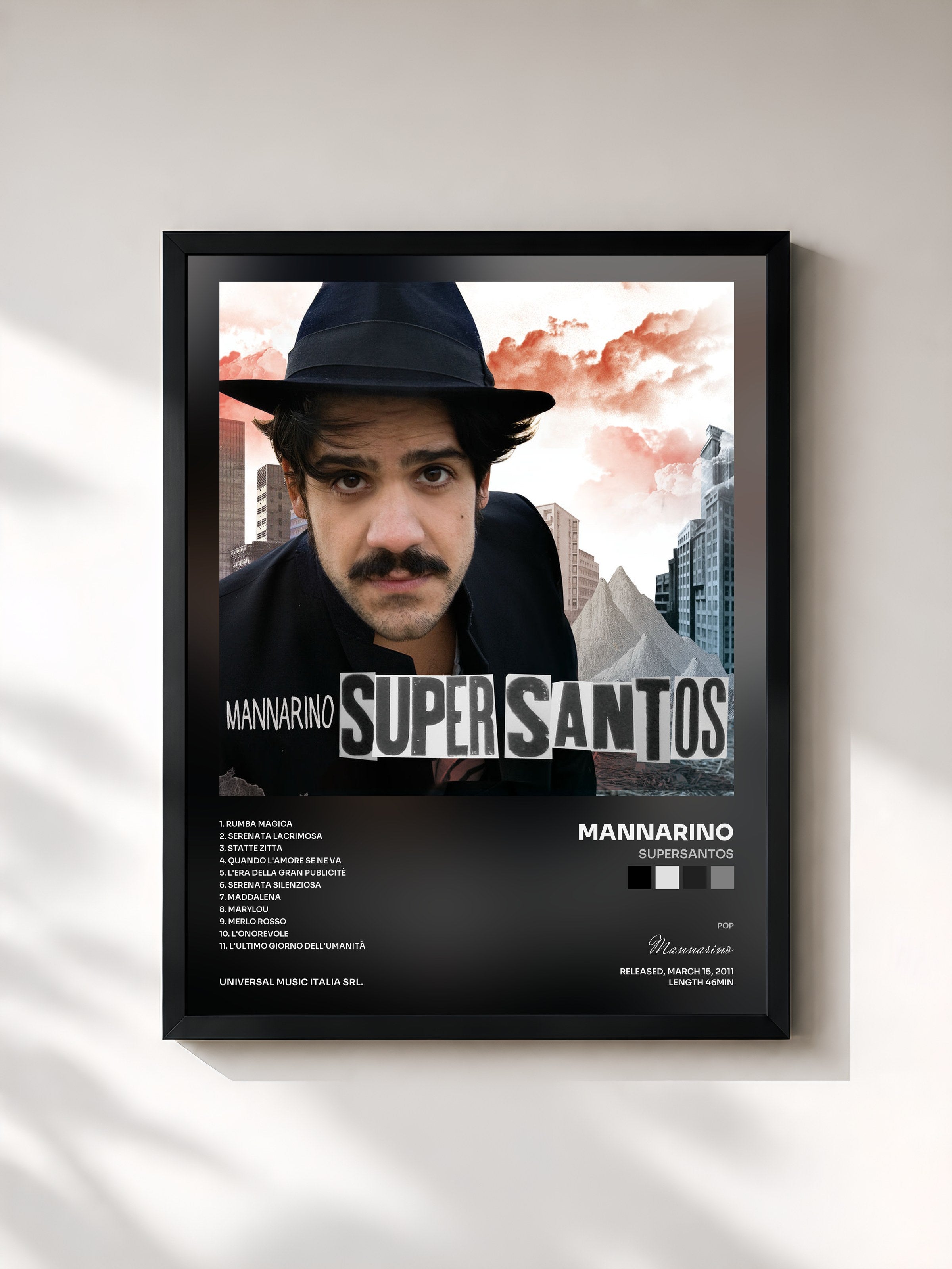 #noir Tableau de l'album Supersantos de Mannarino, cadre noir, imprimé et encadré en France