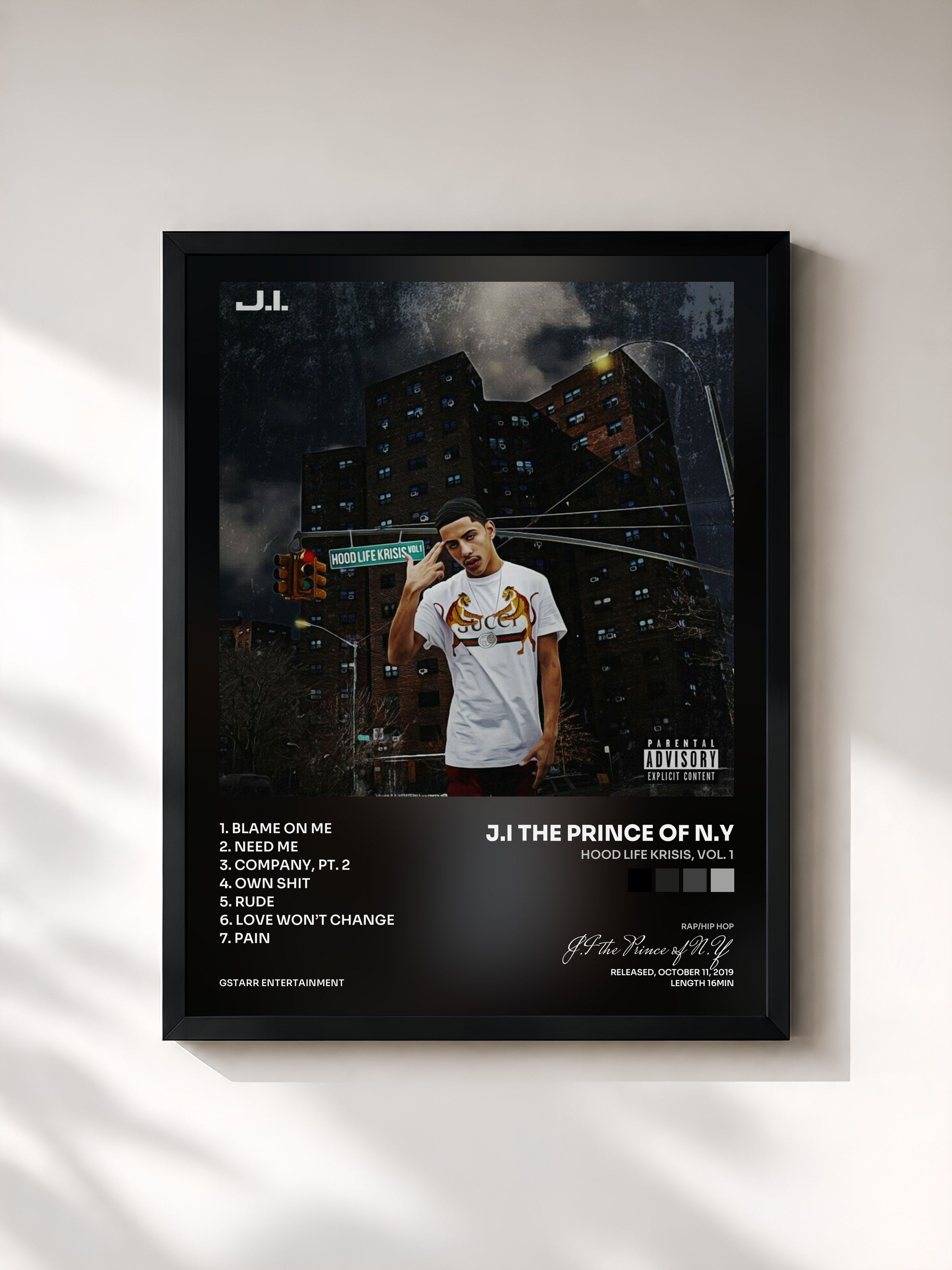 #noir Tableau de l'album Hood Life Krisis, Vol. 1 de J.I the Prince of N.Y, cadre noir, imprimé et encadré en France