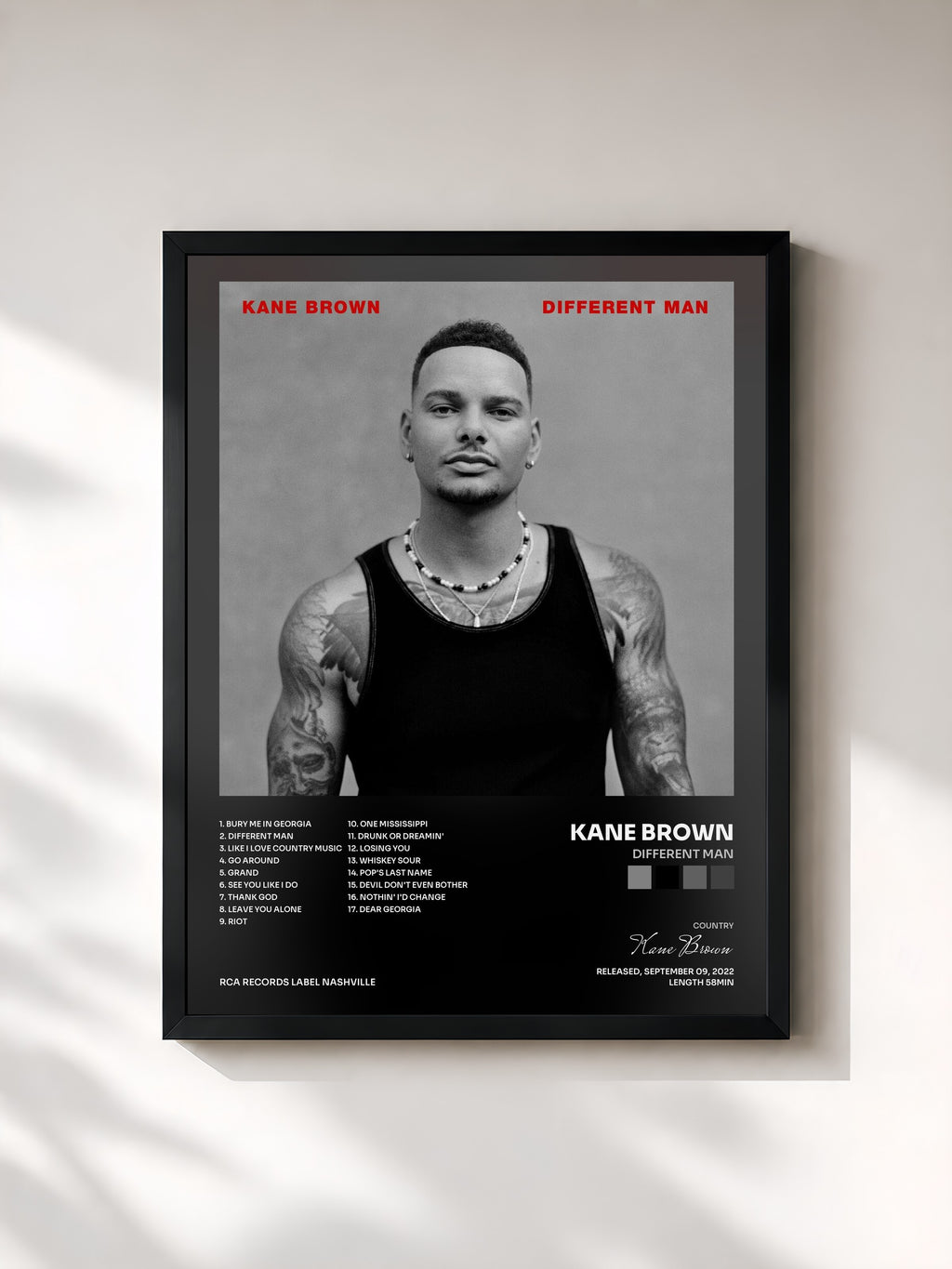 #noir Tableau de l'album Different Man de Kane Brown, cadre noir, imprimé et encadré en France