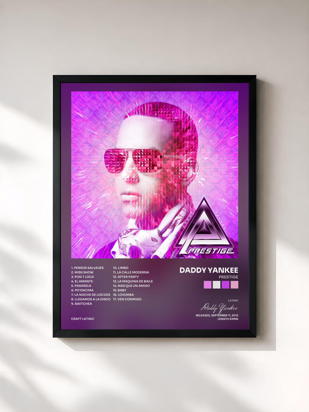 #noir Tableau de l'album Prestige de Daddy Yankee, cadre noir, imprimé et encadré en France