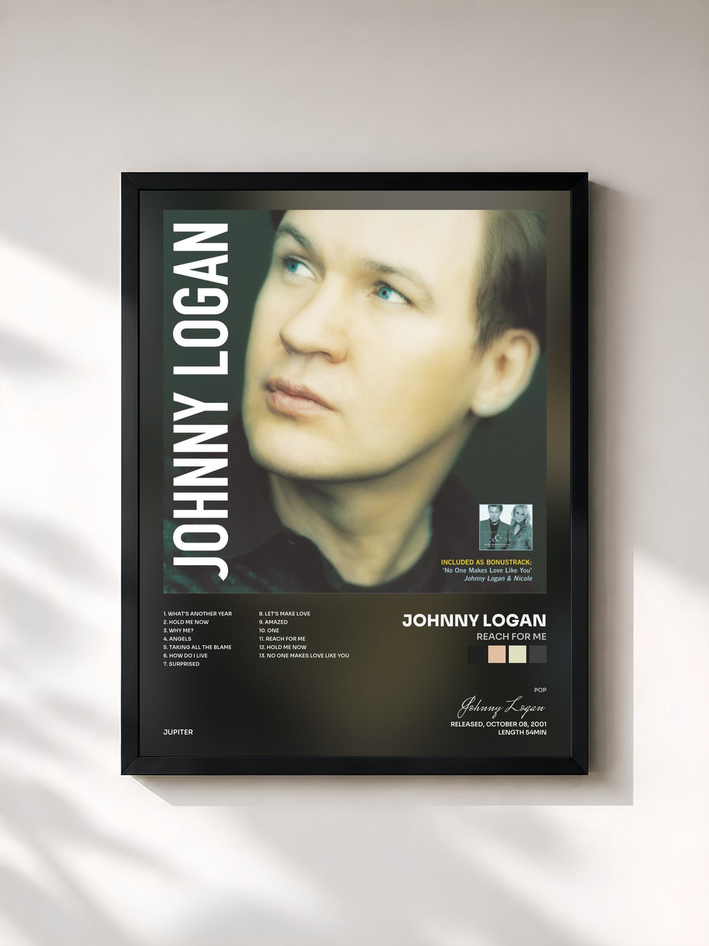 #noir Tableau de l'album Reach For Me de Johnny Logan, cadre noir, imprimé et encadré en France