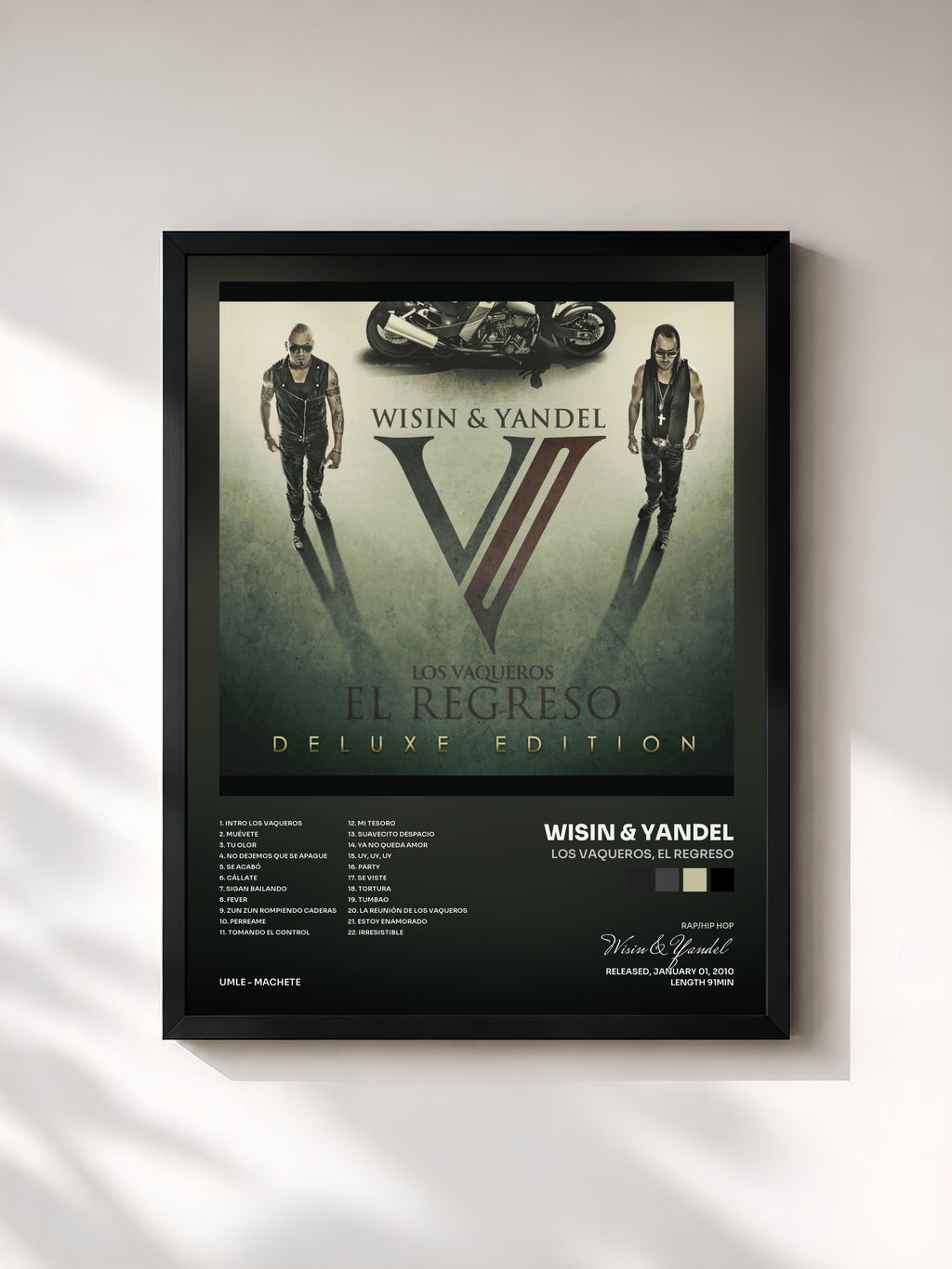#noir Tableau de l'album Los Vaqueros, El Regreso de Wisin & Yandel, cadre noir, imprimé et encadré en France