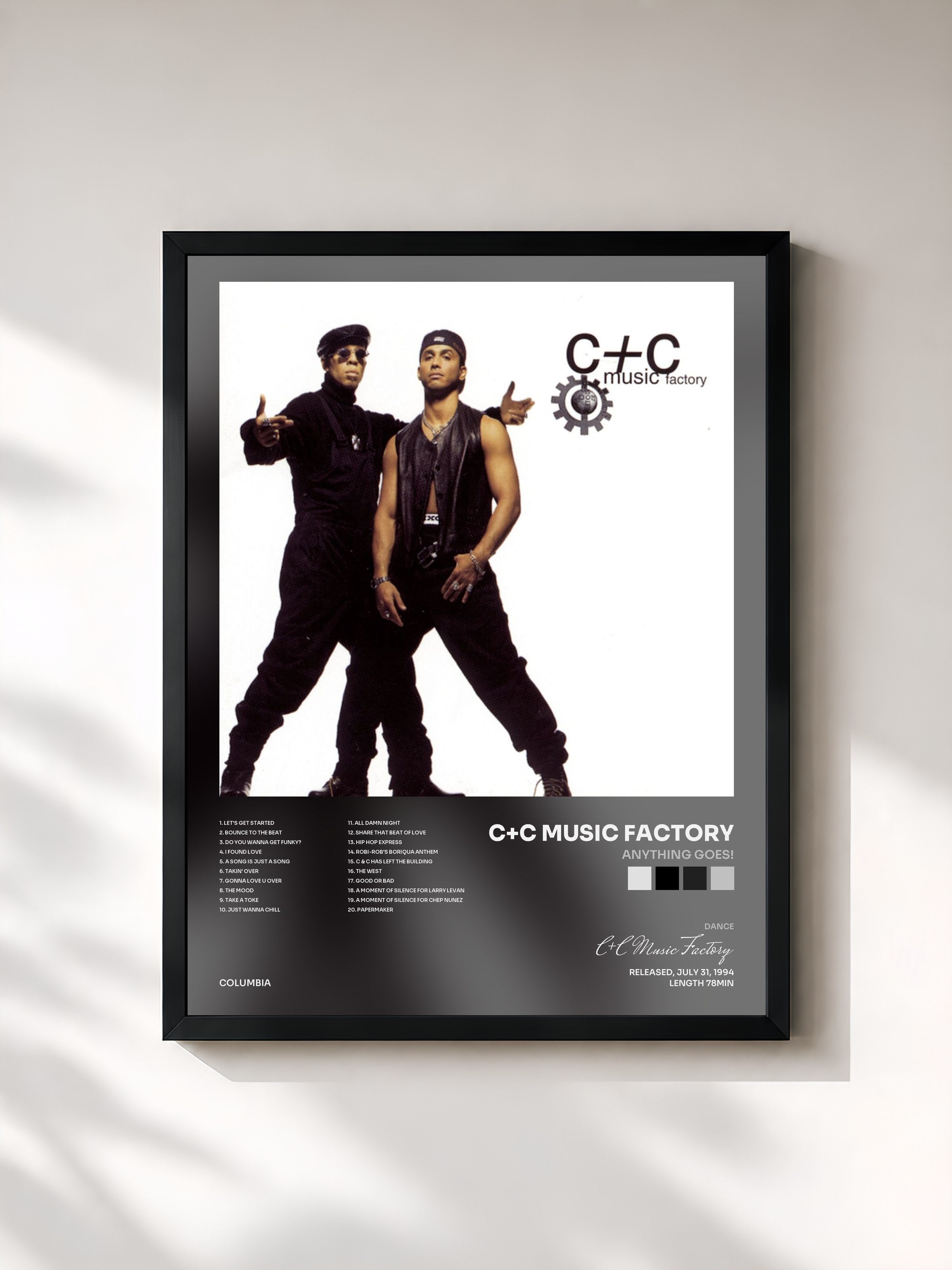 #noir Tableau de l'album Anything Goes! de C+C Music Factory, cadre noir, imprimé et encadré en France