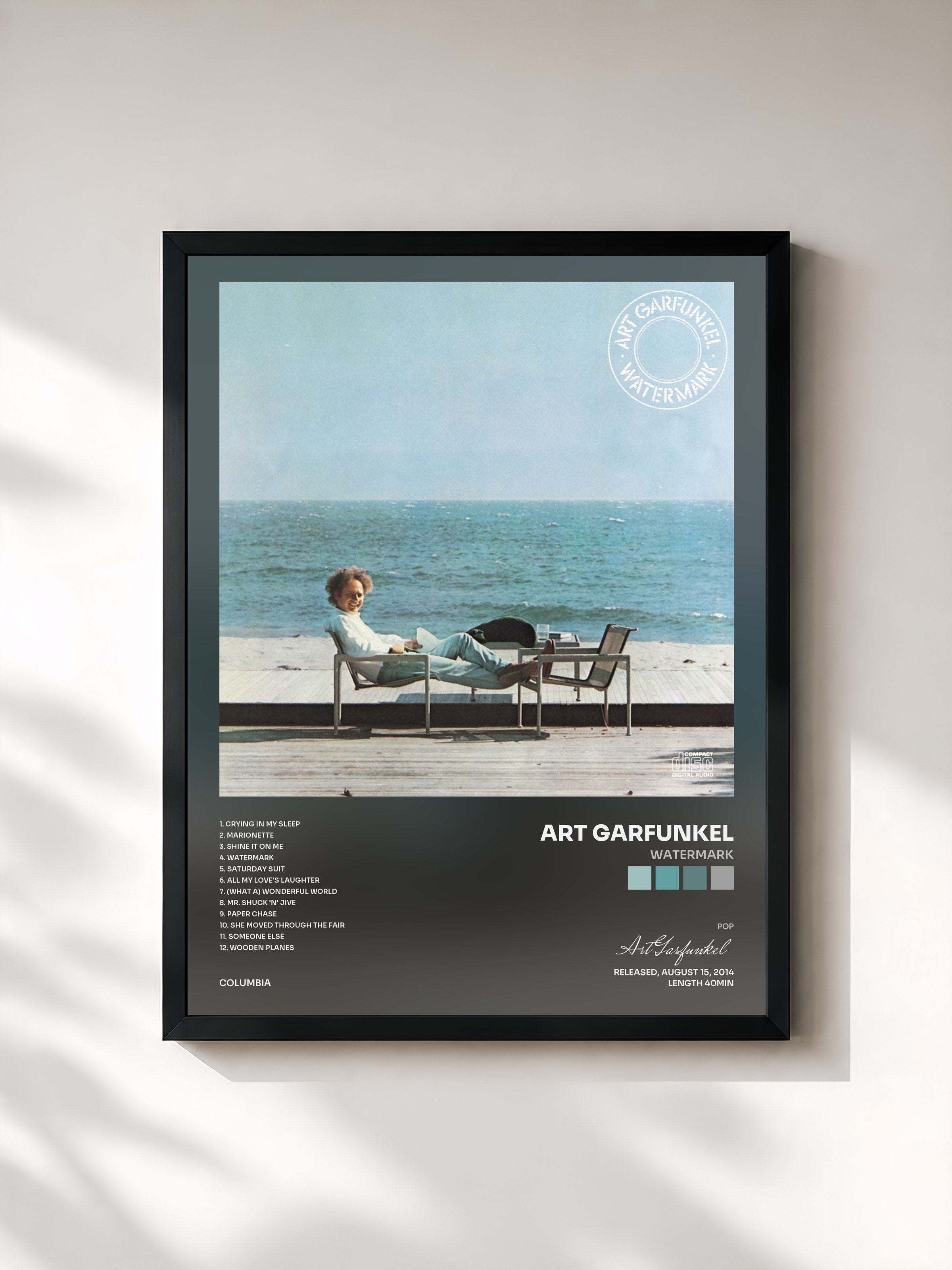 #noir Tableau de l'album Watermark de Art Garfunkel, cadre noir, imprimé et encadré en France