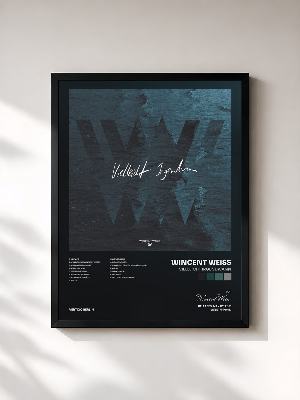 #noir Tableau de l'album Vielleicht Irgendwann de Wincent Weiss, cadre noir, imprimé et encadré en France