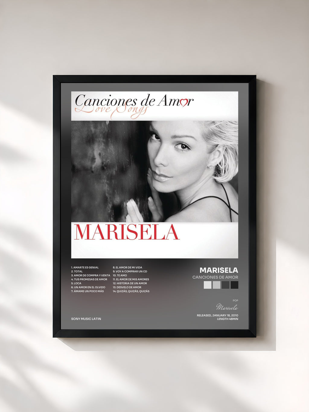 #noir Tableau de l'album Canciones De Amor de Marisela, cadre noir, imprimé et encadré en France