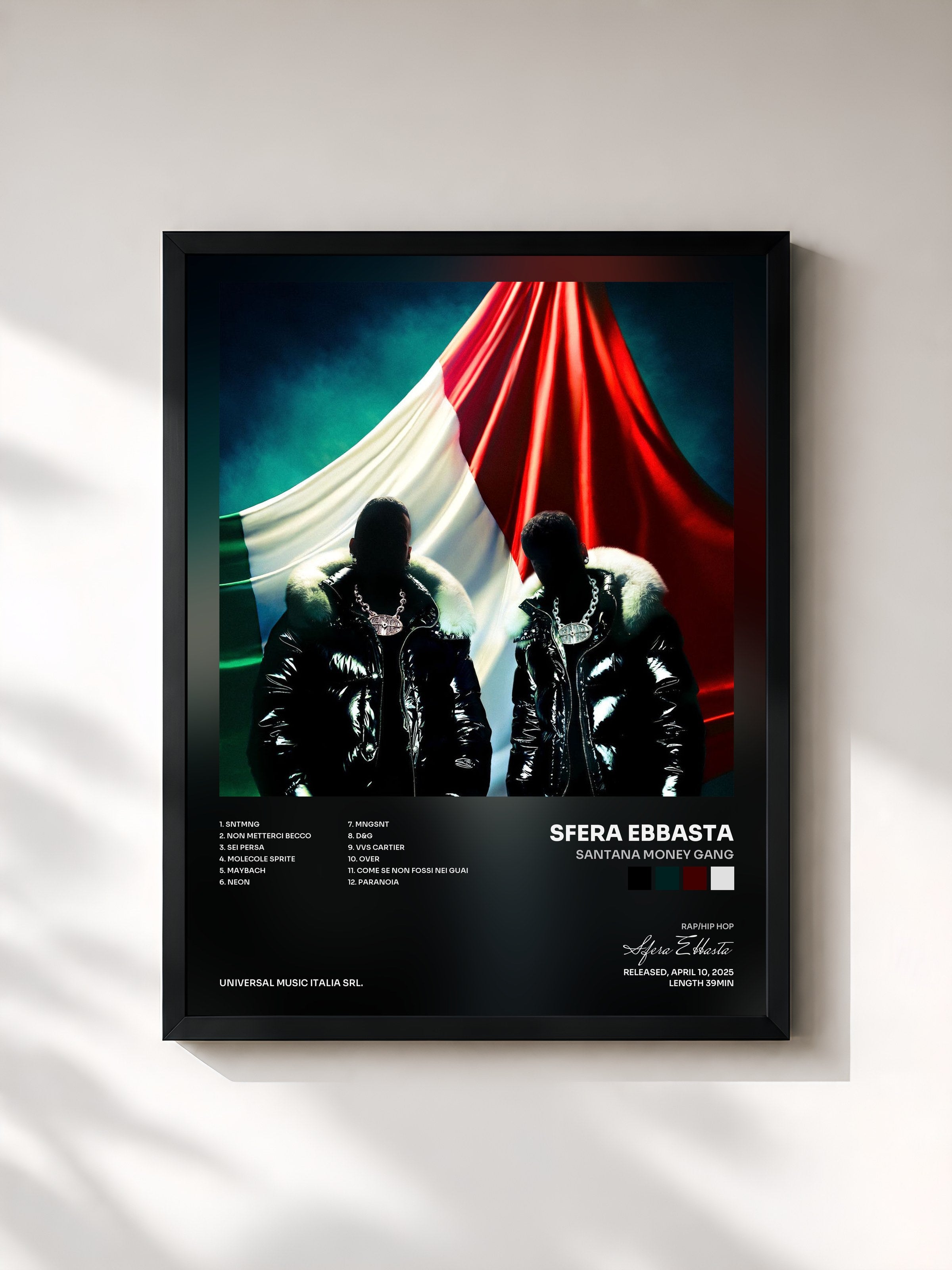 #noir Tableau de l'album SANTANA MONEY GANG de Sfera Ebbasta, cadre noir, imprimé et encadré en France