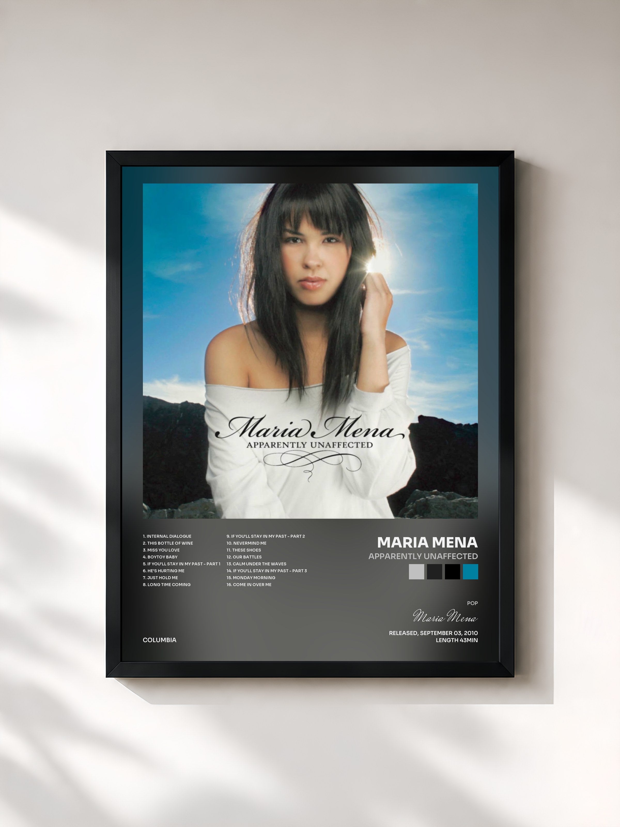 #noir Tableau de l'album Apparently Unaffected de Maria Mena, cadre noir, imprimé et encadré en France