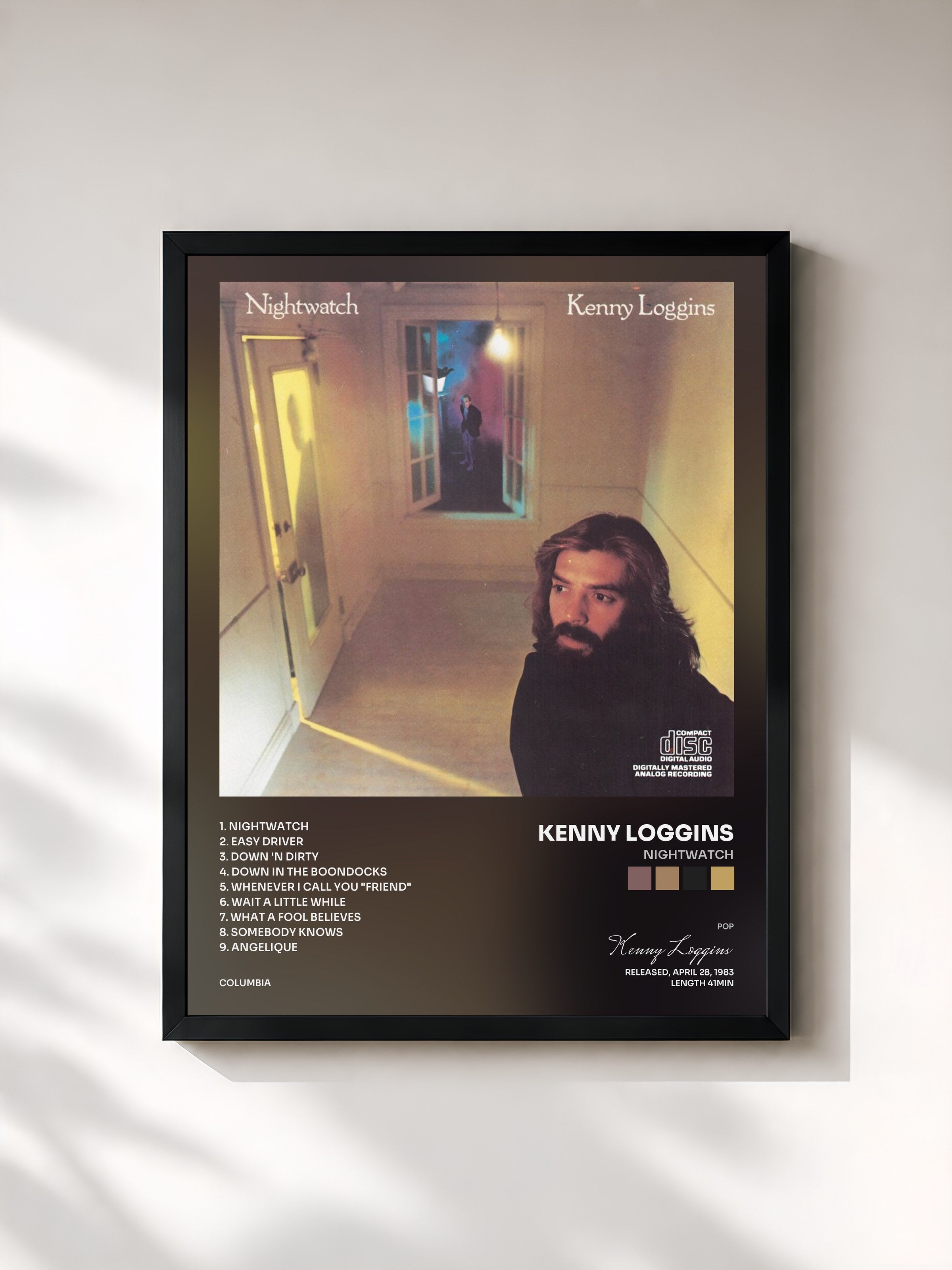 #noir Tableau de l'album Nightwatch de Kenny Loggins, cadre noir, imprimé et encadré en France