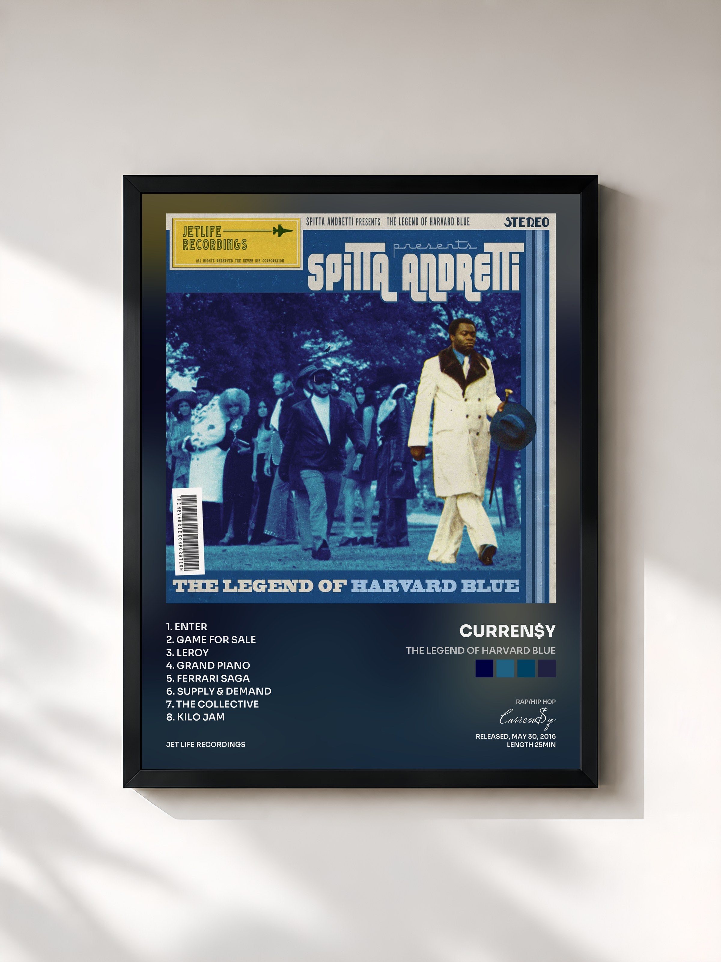 #noir Tableau de l'album The Legend of Harvard Blue de Curren$y, cadre noir, imprimé et encadré en France
