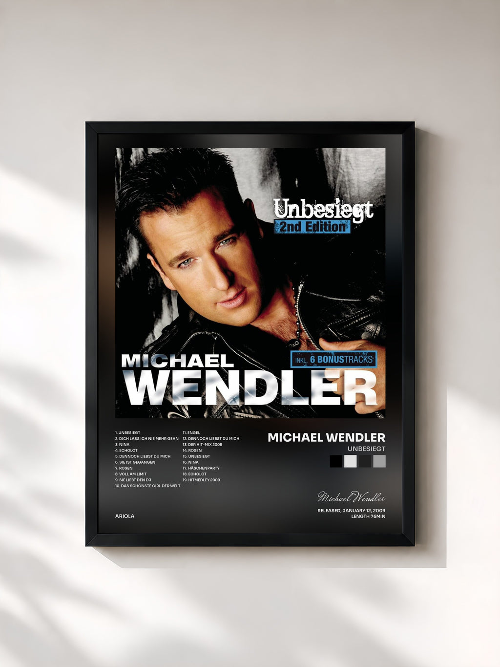 #noir Tableau de l'album Unbesiegt de Michael Wendler, cadre noir, imprimé et encadré en France