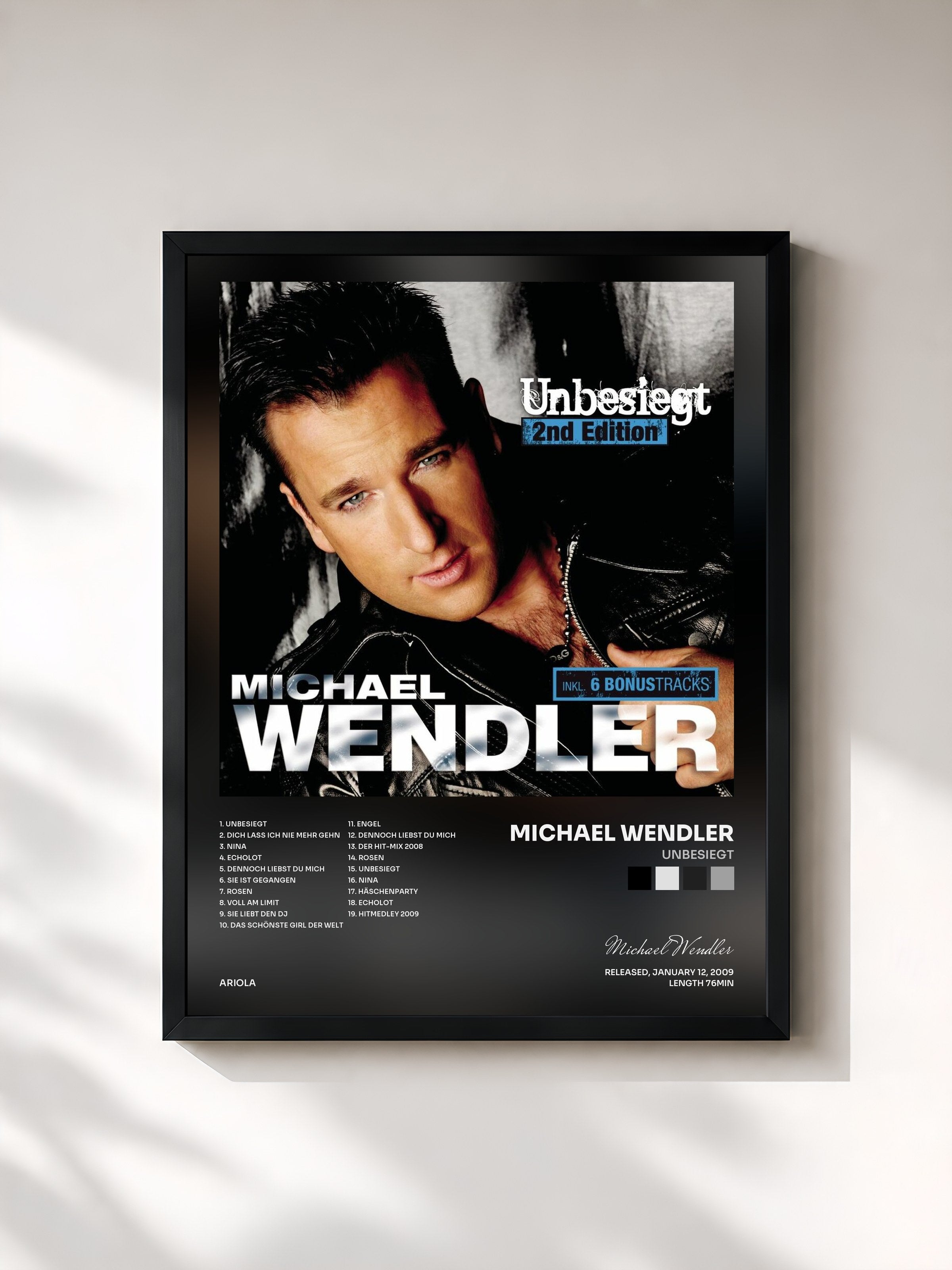 #noir Tableau de l'album Unbesiegt de Michael Wendler, cadre noir, imprimé et encadré en France